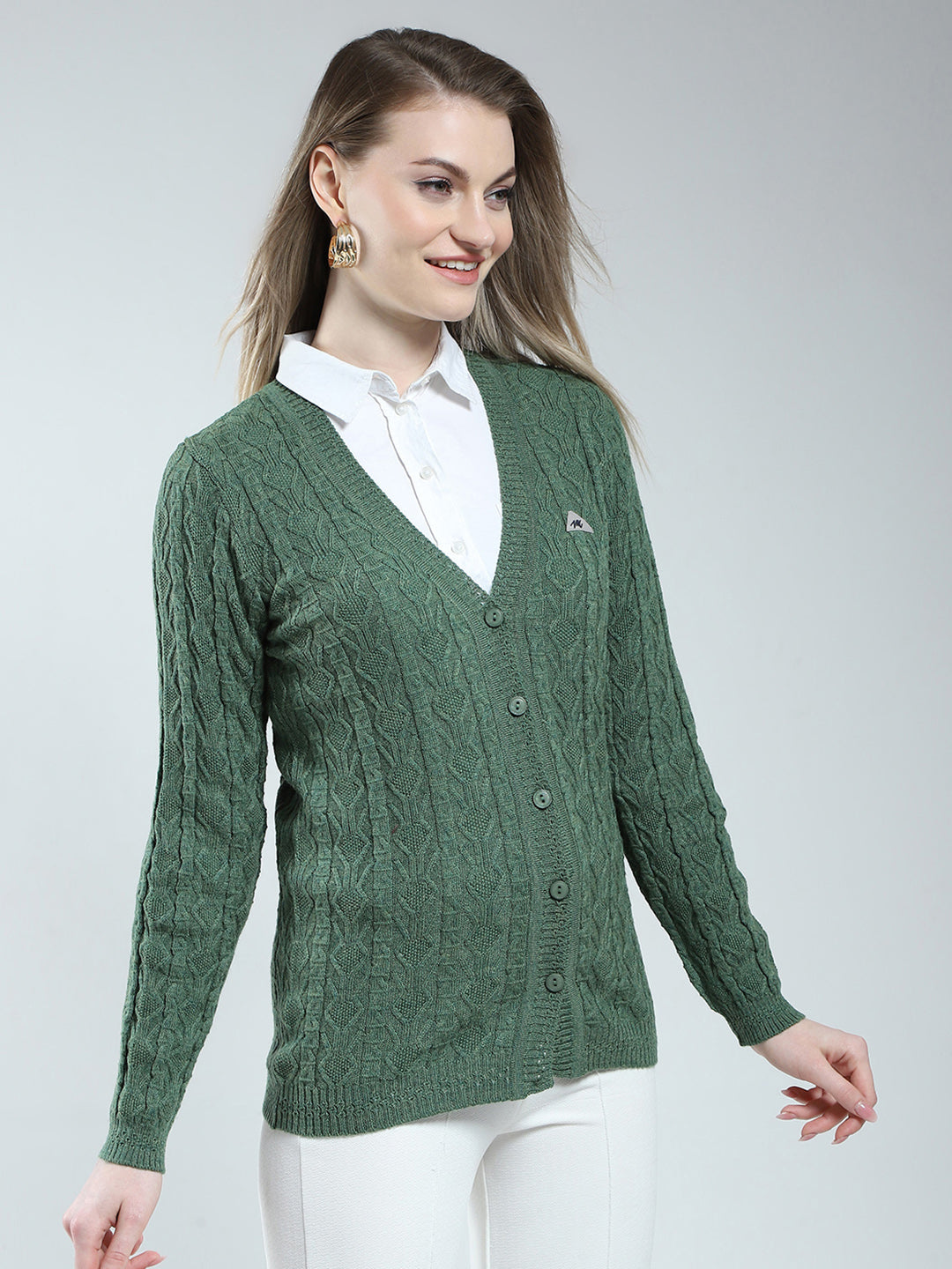 Women Green Self Design V Neck Full Sleeve Cardigan