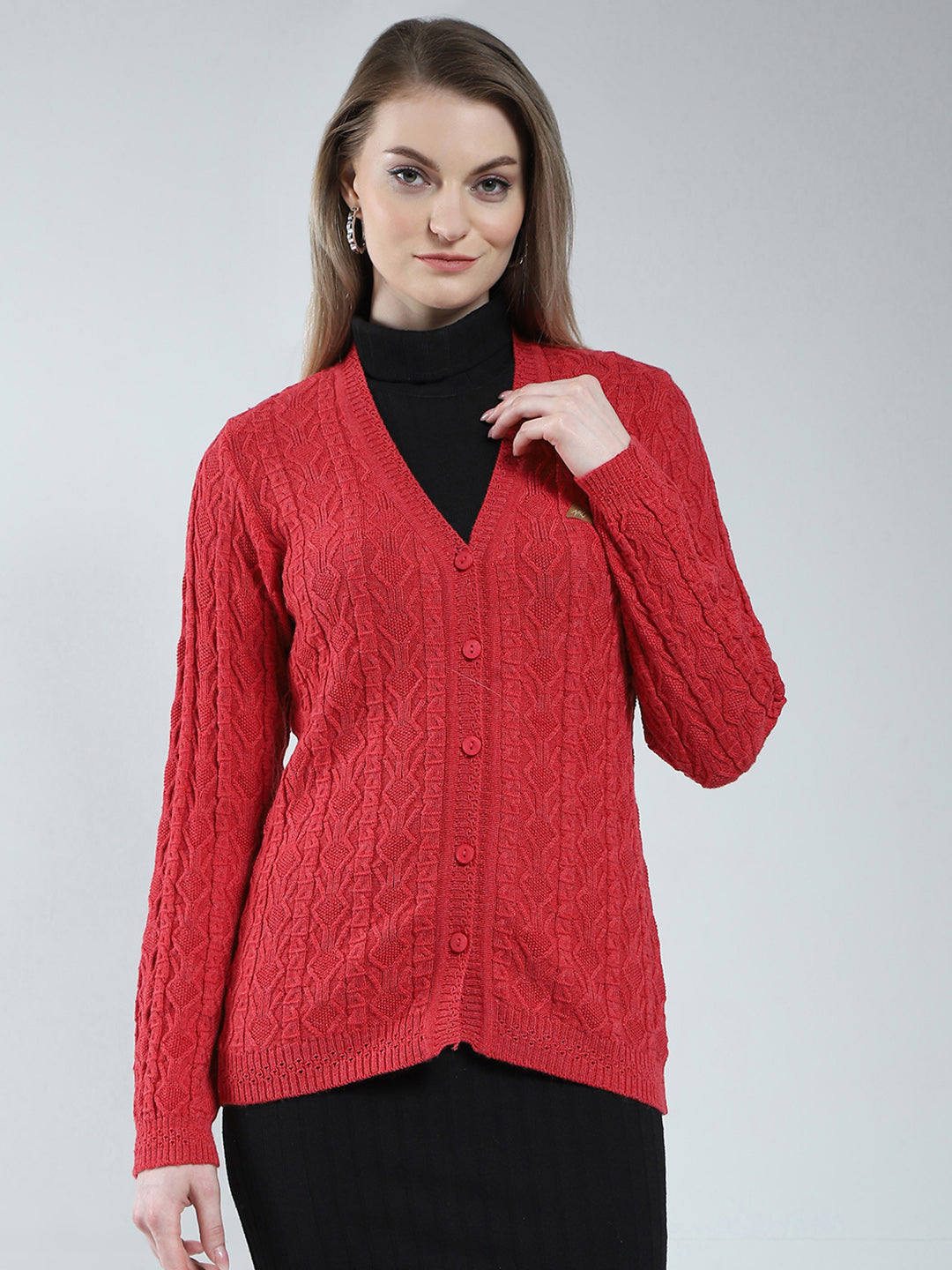 Women Red Self Design V Neck Full Sleeve Cardigan