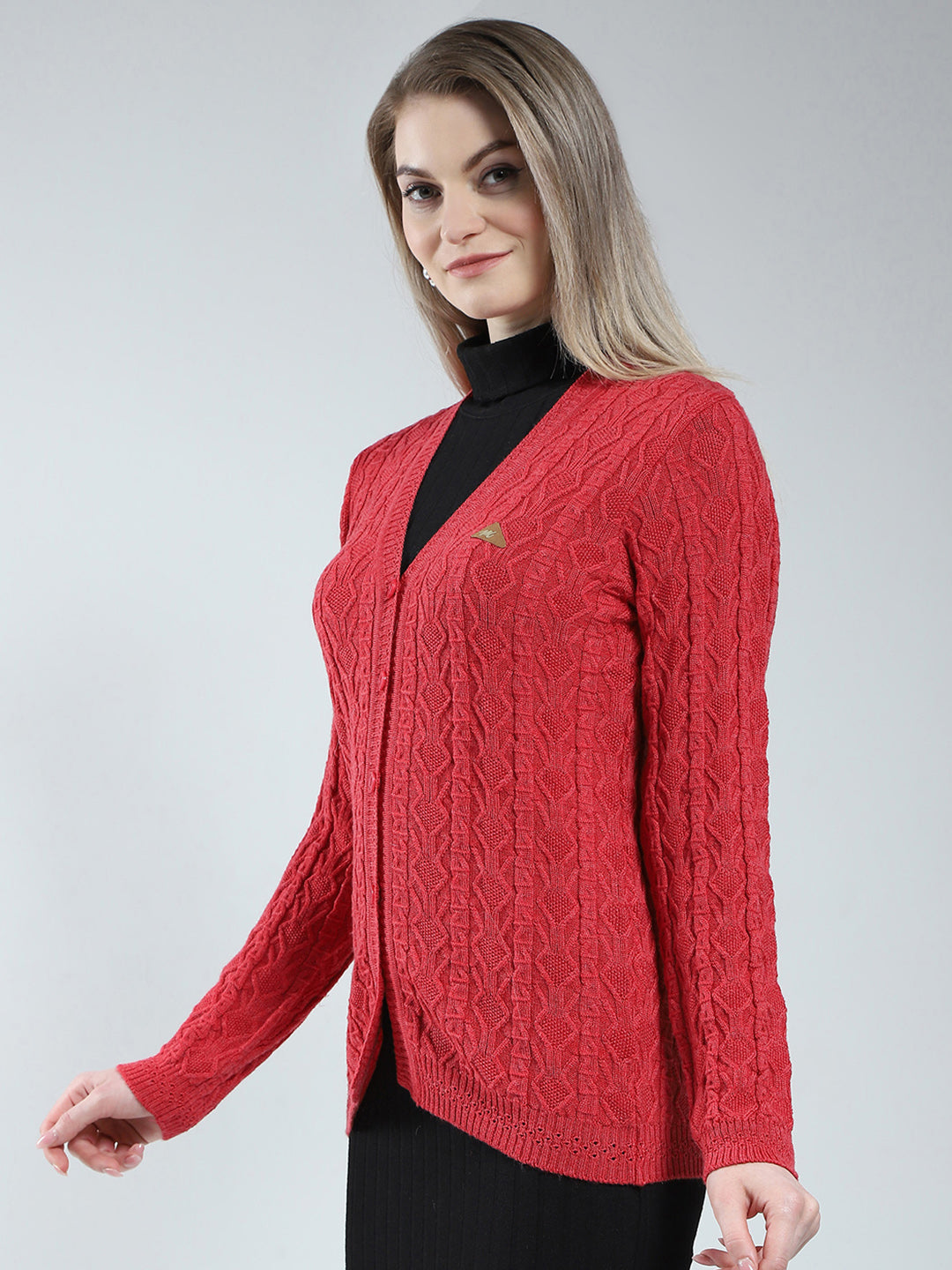 Women Red Self Design V Neck Full Sleeve Cardigan
