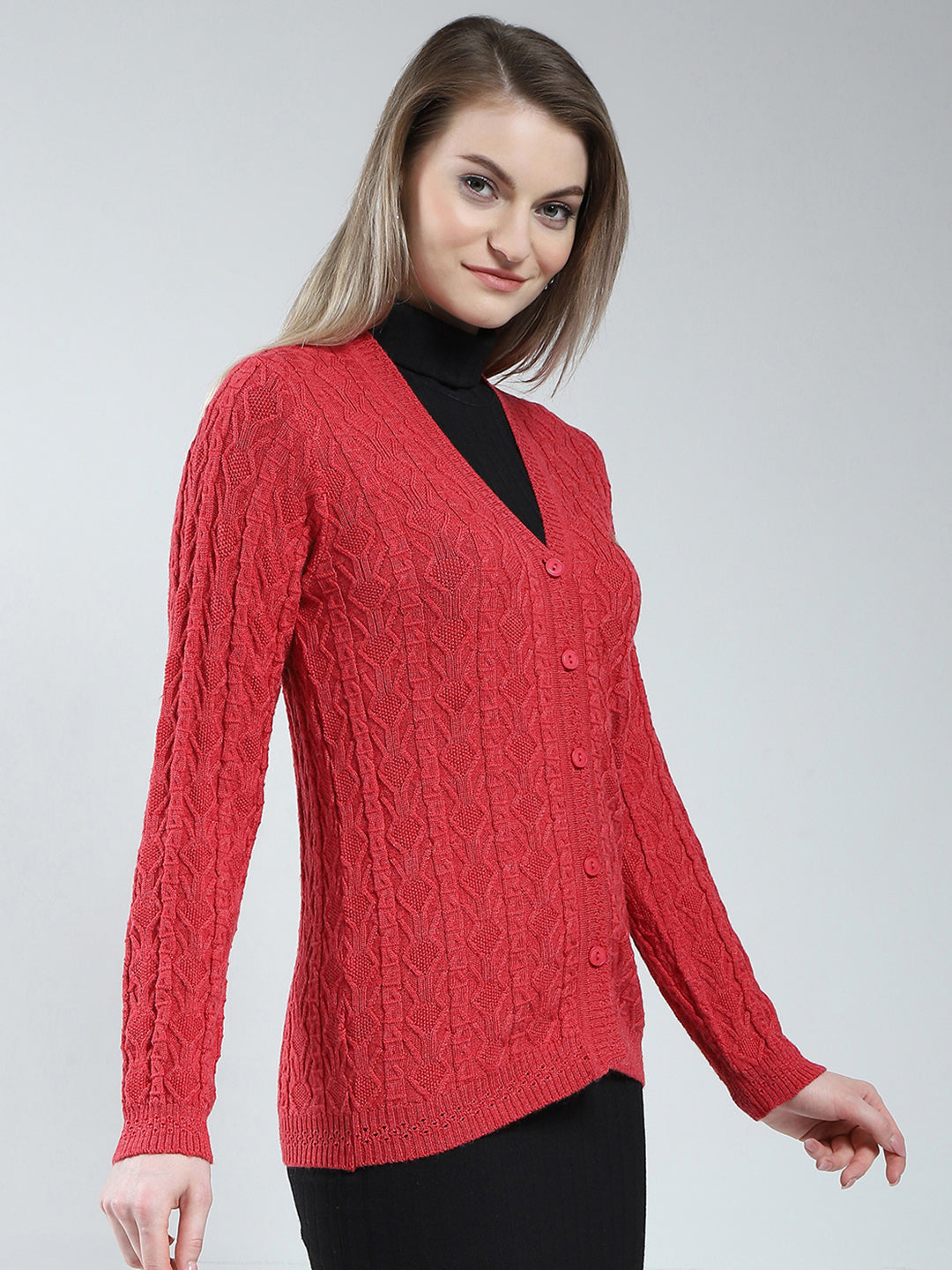 Women Red Self Design V Neck Full Sleeve Cardigan