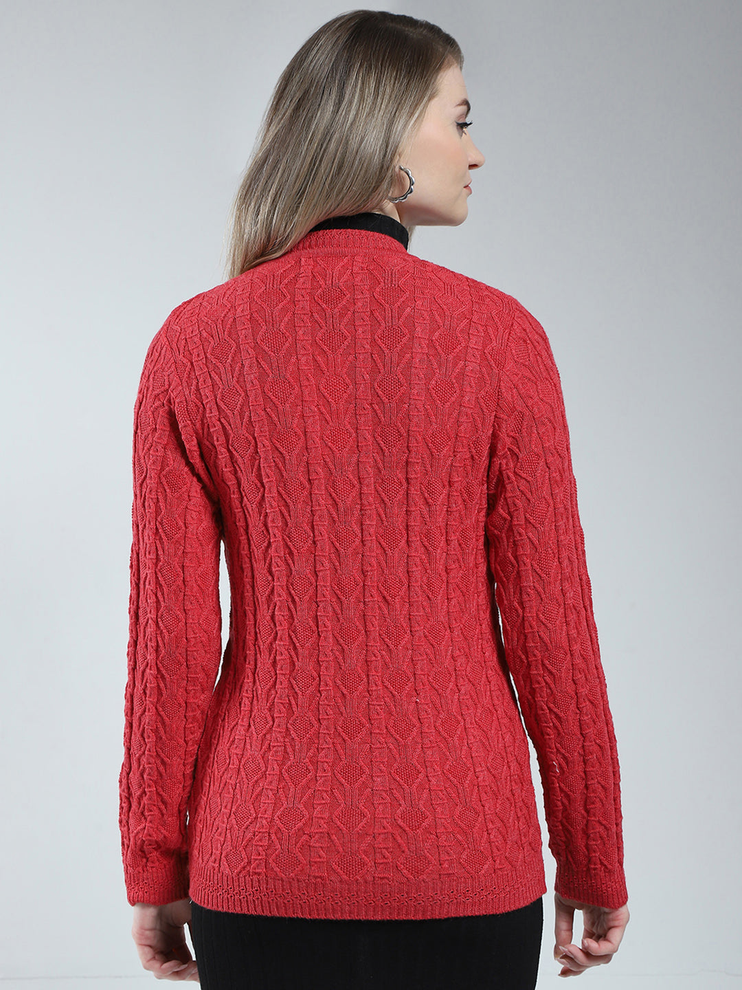 Women Red Self Design V Neck Full Sleeve Cardigan