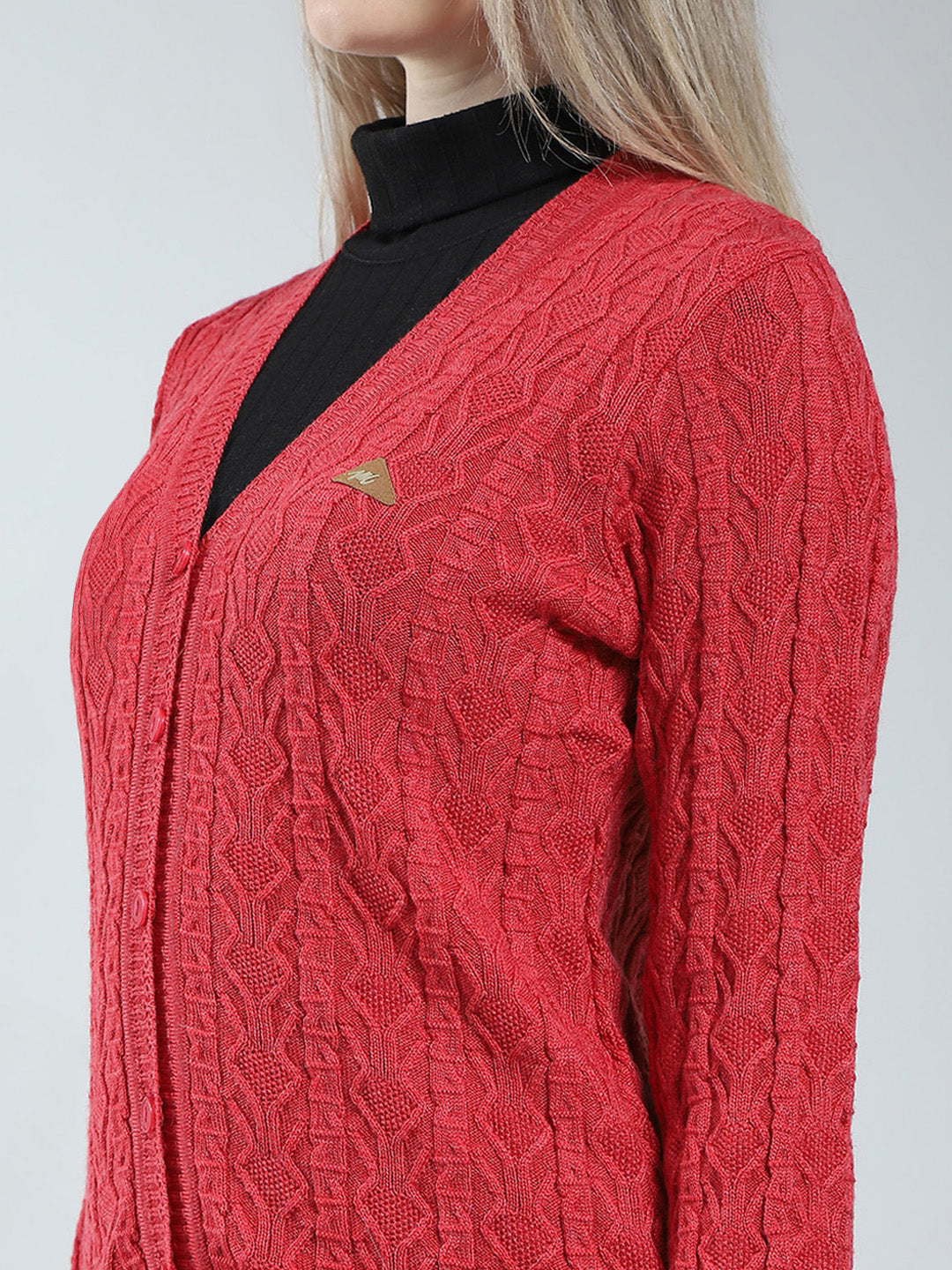 Women Red Self Design V Neck Full Sleeve Cardigan