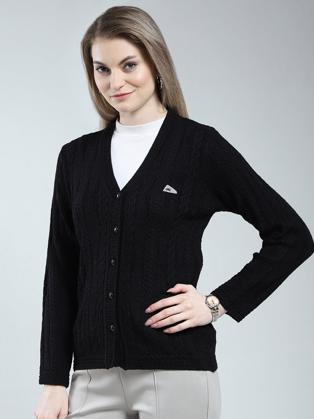Women Black Self Design V Neck Full Sleeve Cardigan