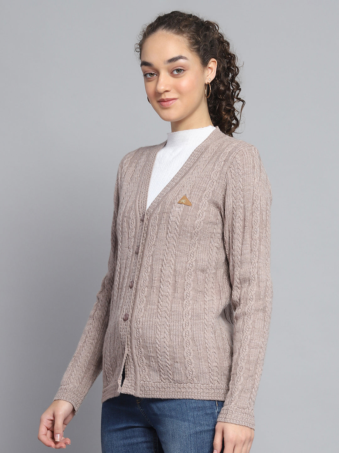 Women Beige Self Design V Neck Full Sleeve Cardigan