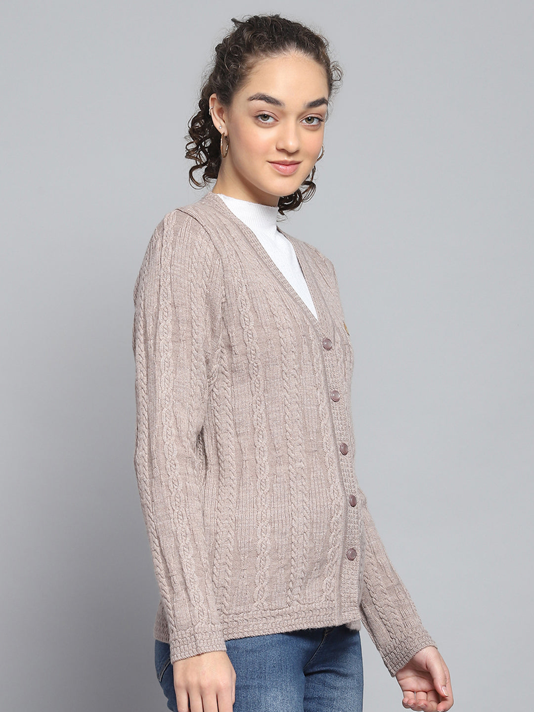 Women Beige Self Design V Neck Full Sleeve Cardigan