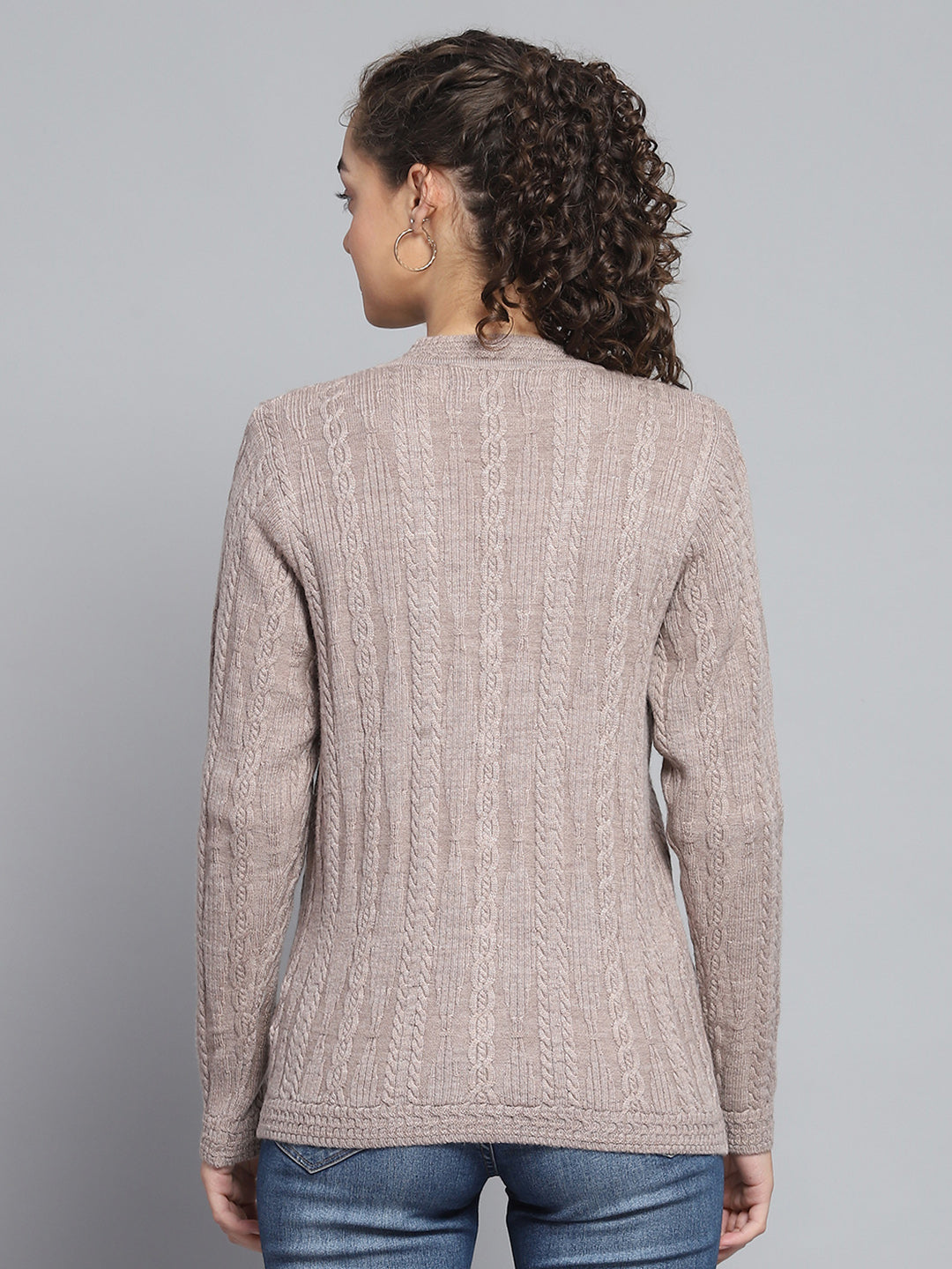 Women Beige Self Design V Neck Full Sleeve Cardigan