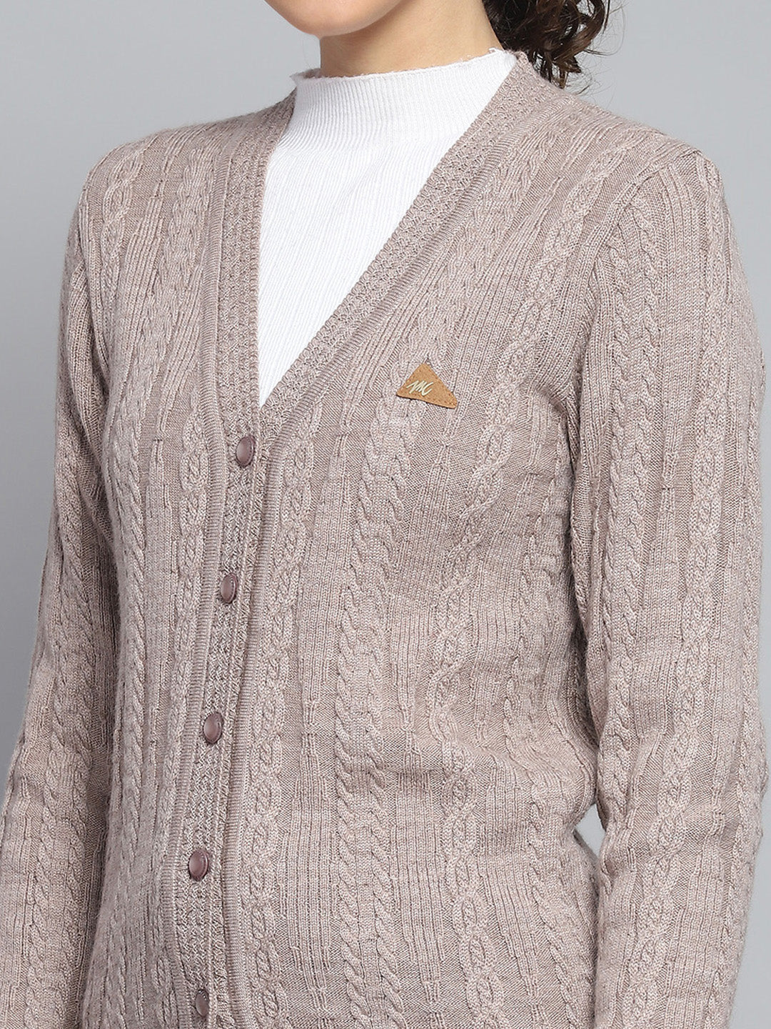 Women Beige Self Design V Neck Full Sleeve Cardigan