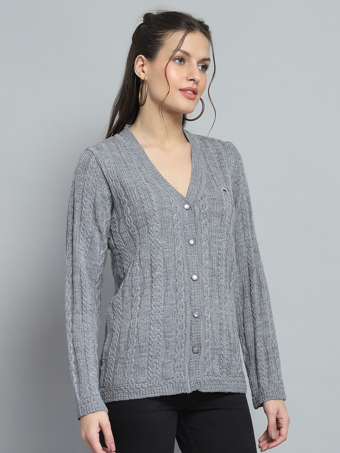 Women Grey Self Design V Neck Full Sleeve Cardigan