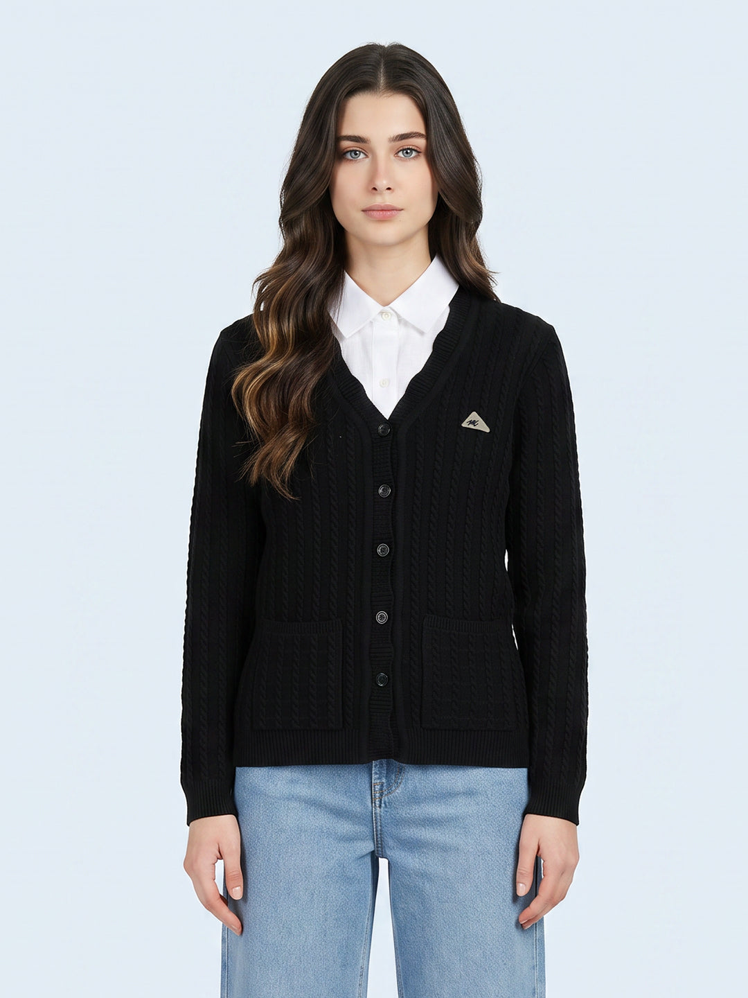 Women Black Self Design V Neck Full Sleeve Cardigan