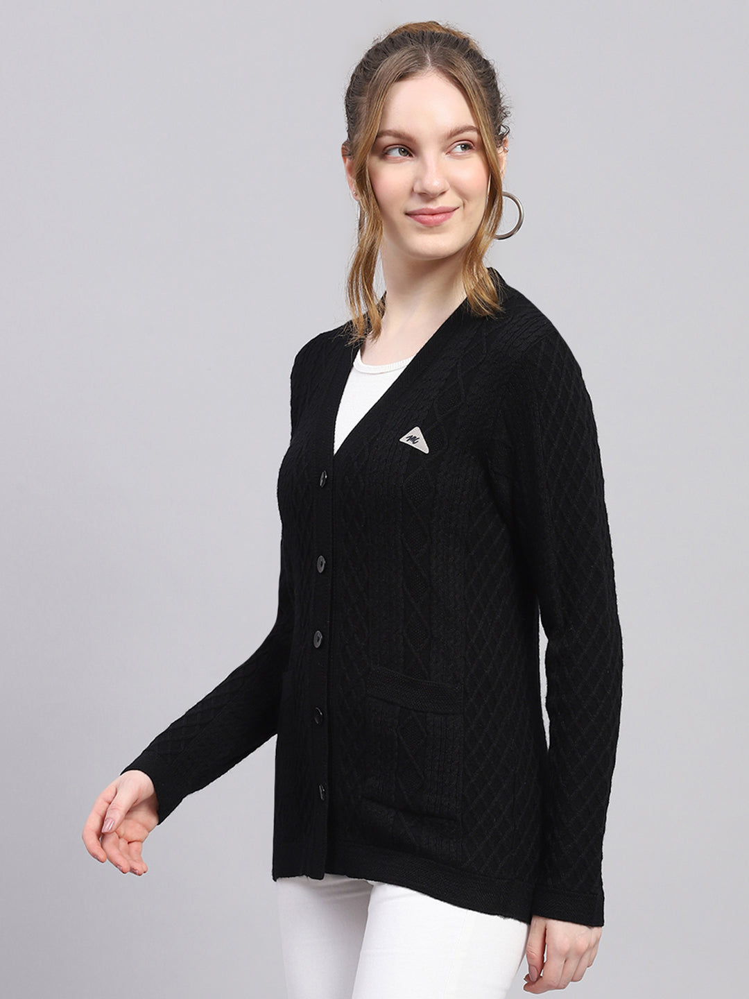 Women Black Self Design V Neck Full Sleeve Cardigan