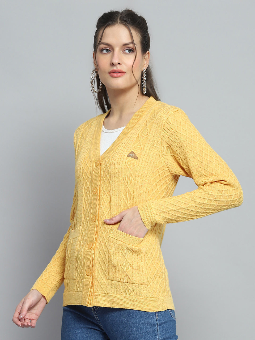 Women Yellow Self Design V Neck Full Sleeve Cardigan