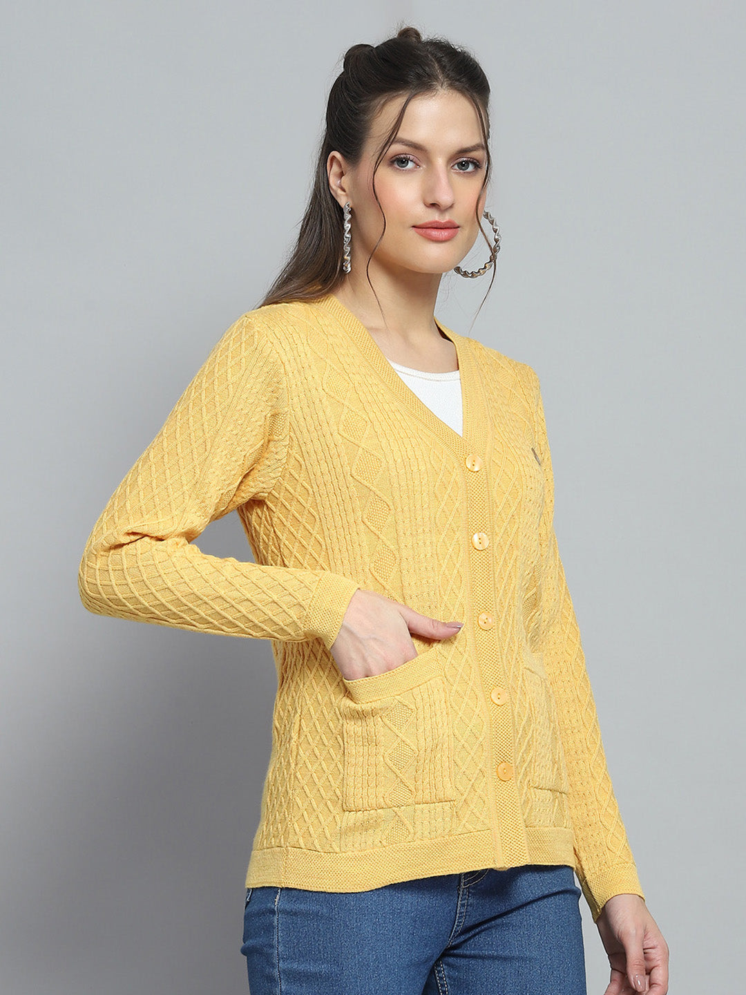 Women Yellow Self Design V Neck Full Sleeve Cardigan