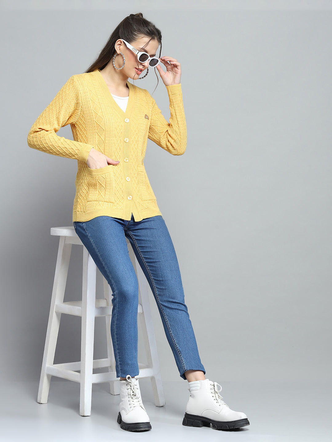 Women Yellow Self Design V Neck Full Sleeve Cardigan