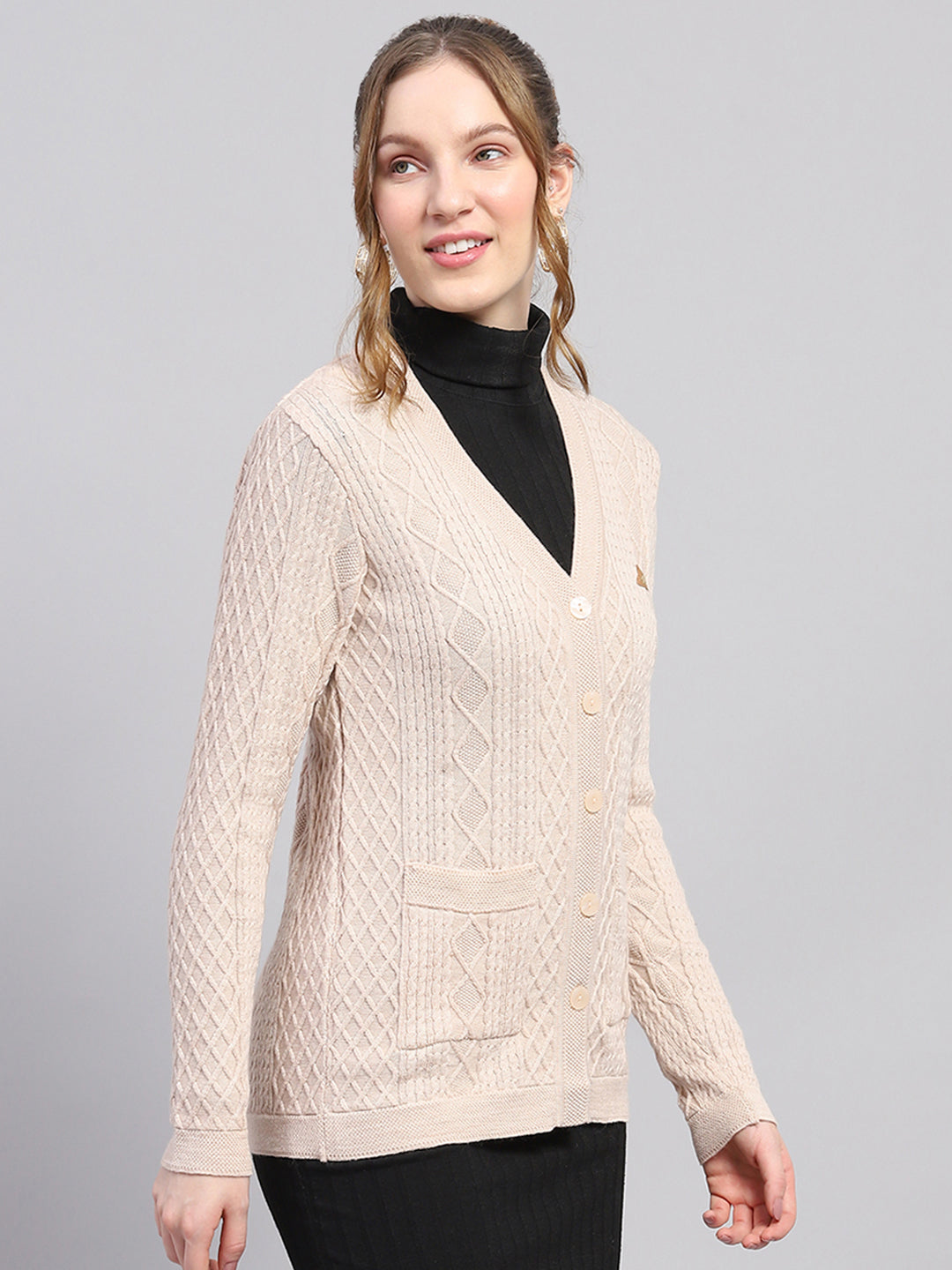 Women Beige Self Design V Neck Full Sleeve Cardigan