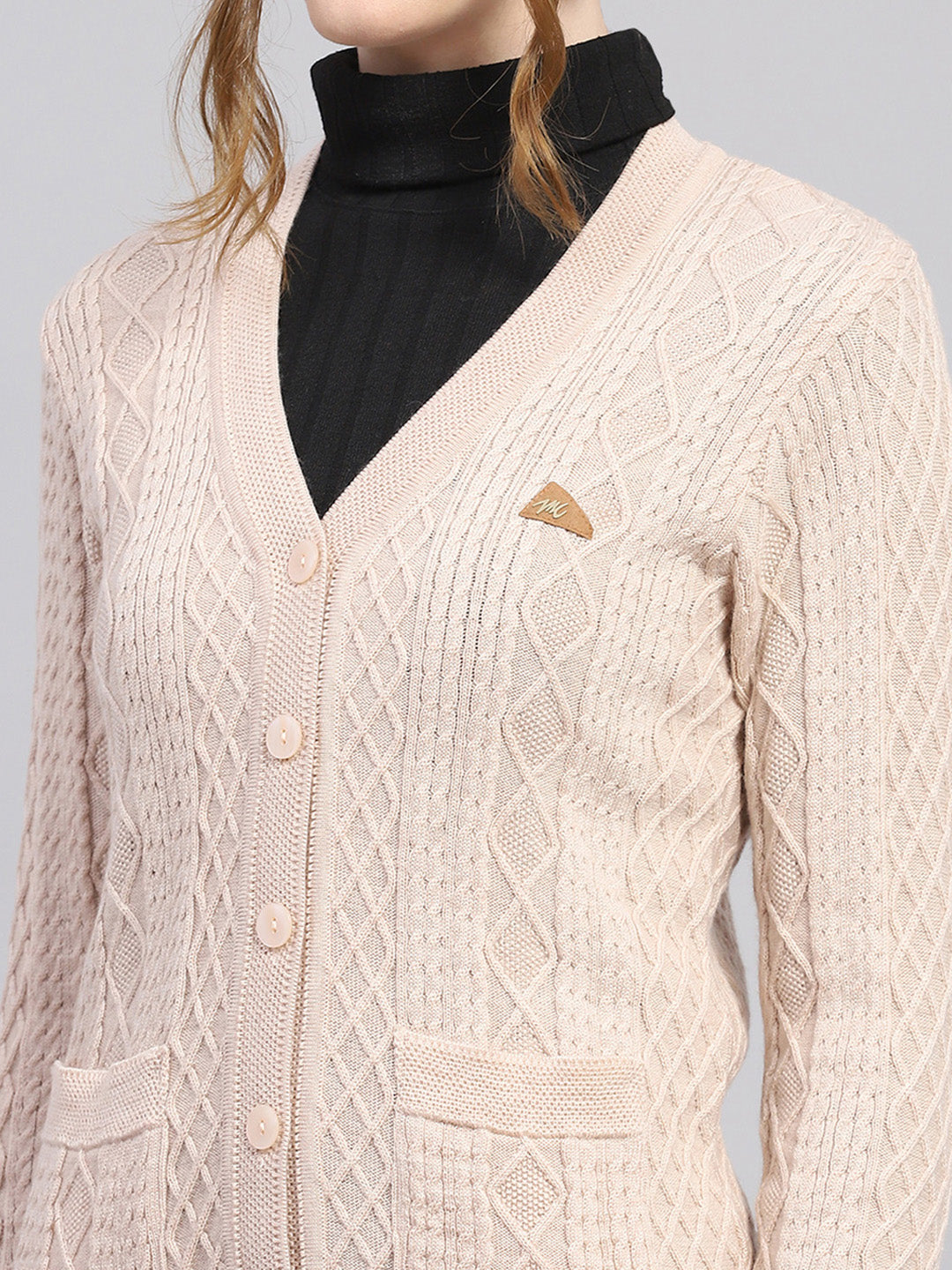 Women Beige Self Design V Neck Full Sleeve Cardigan