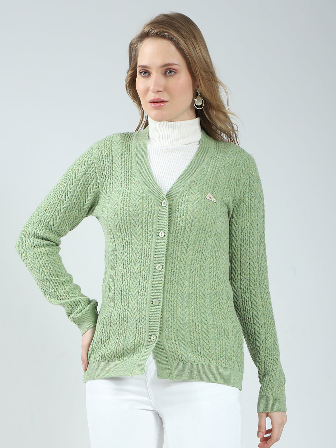 Women Green Self Design V Neck Full Sleeve Cardigan