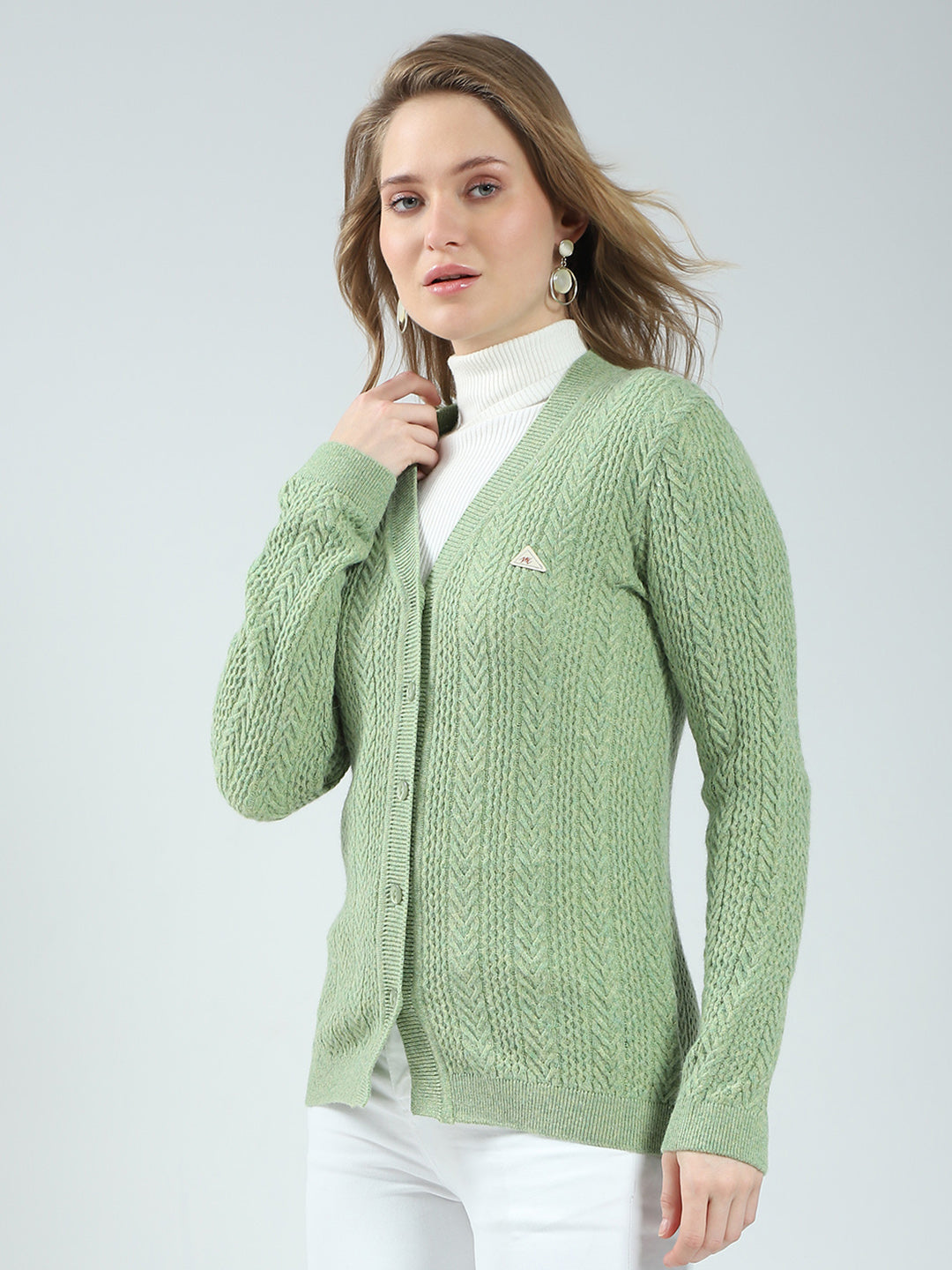 Women Green Self Design V Neck Full Sleeve Cardigan