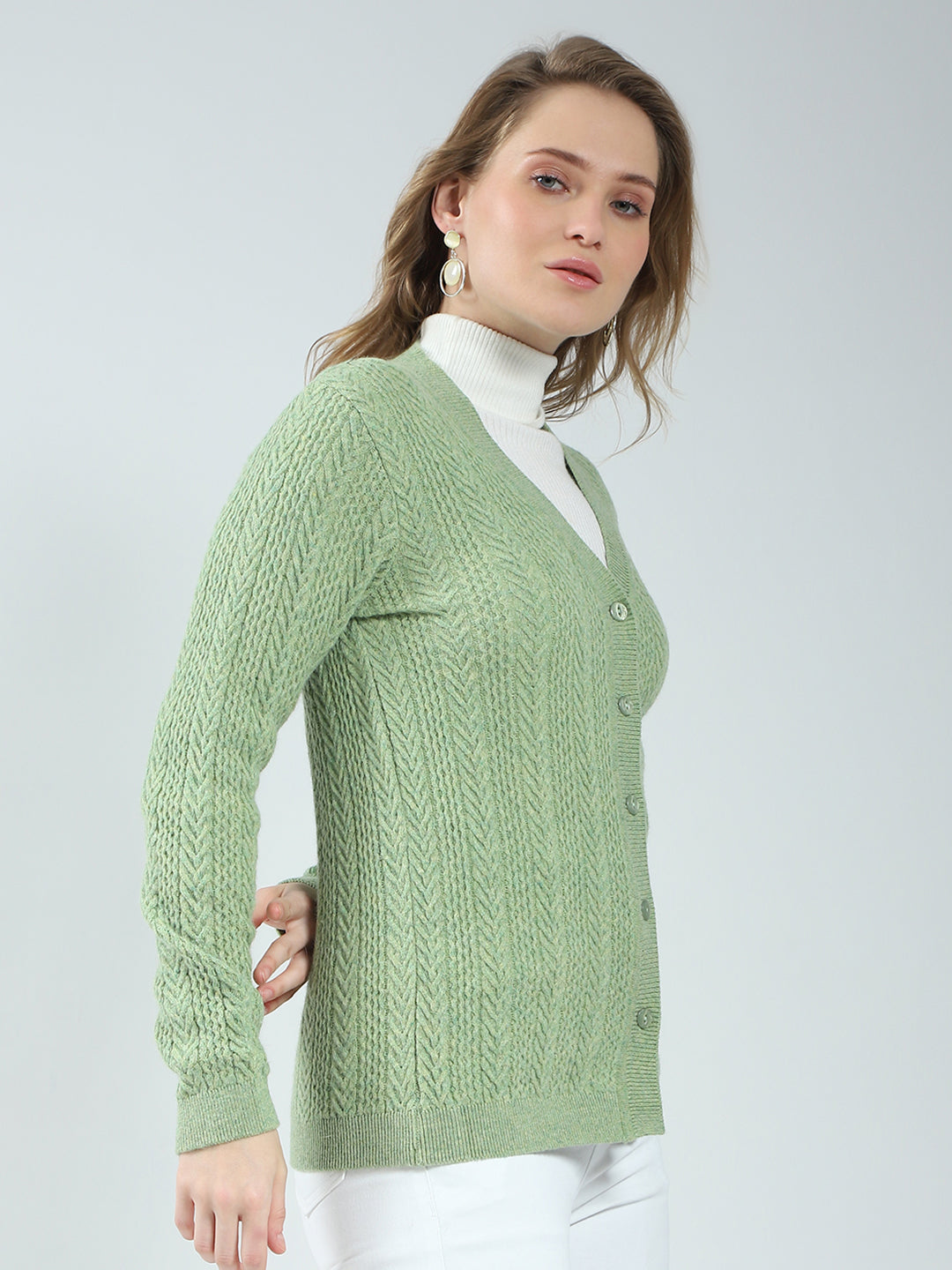 Women Green Self Design V Neck Full Sleeve Cardigan