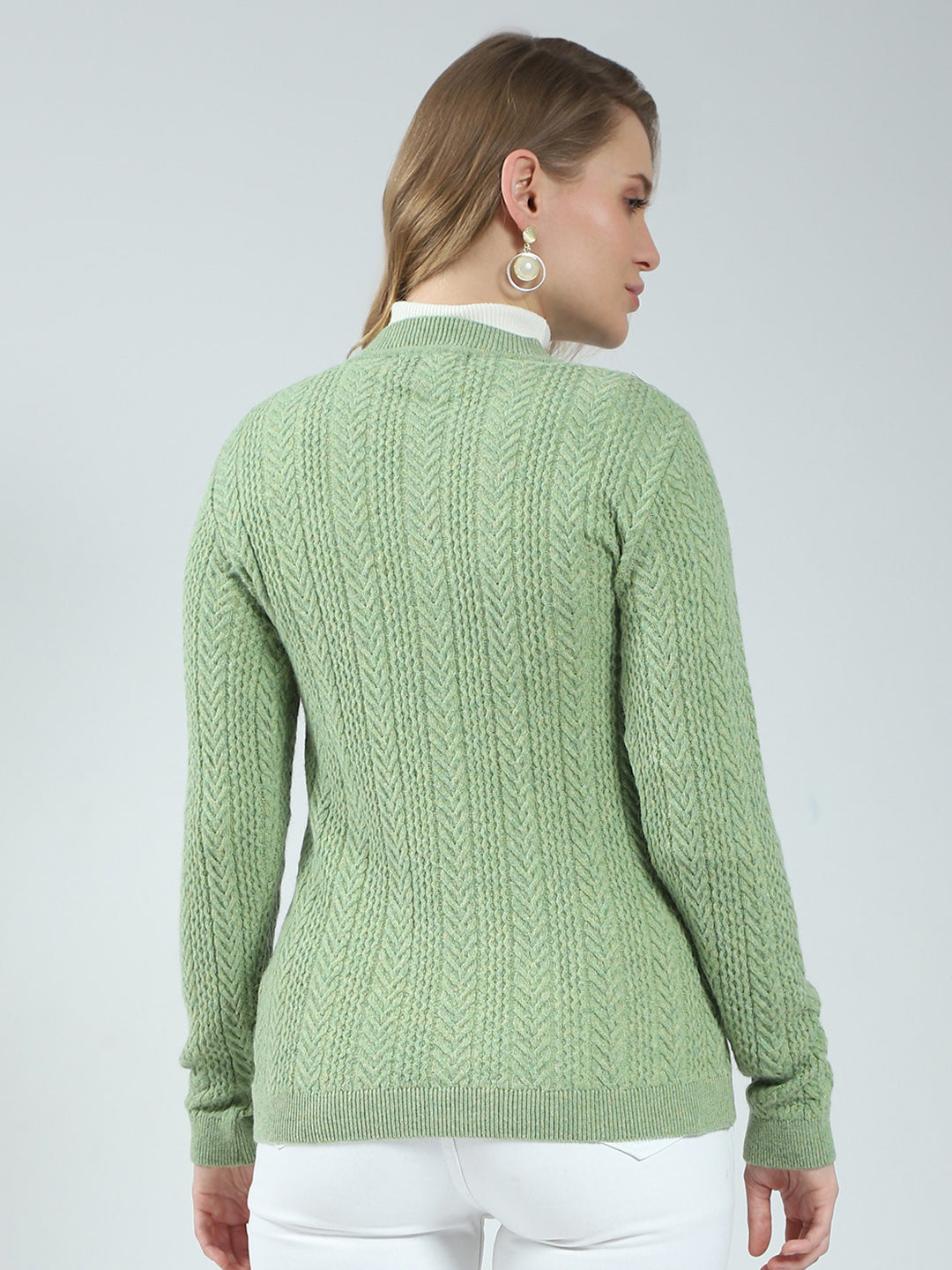 Women Green Self Design V Neck Full Sleeve Cardigan