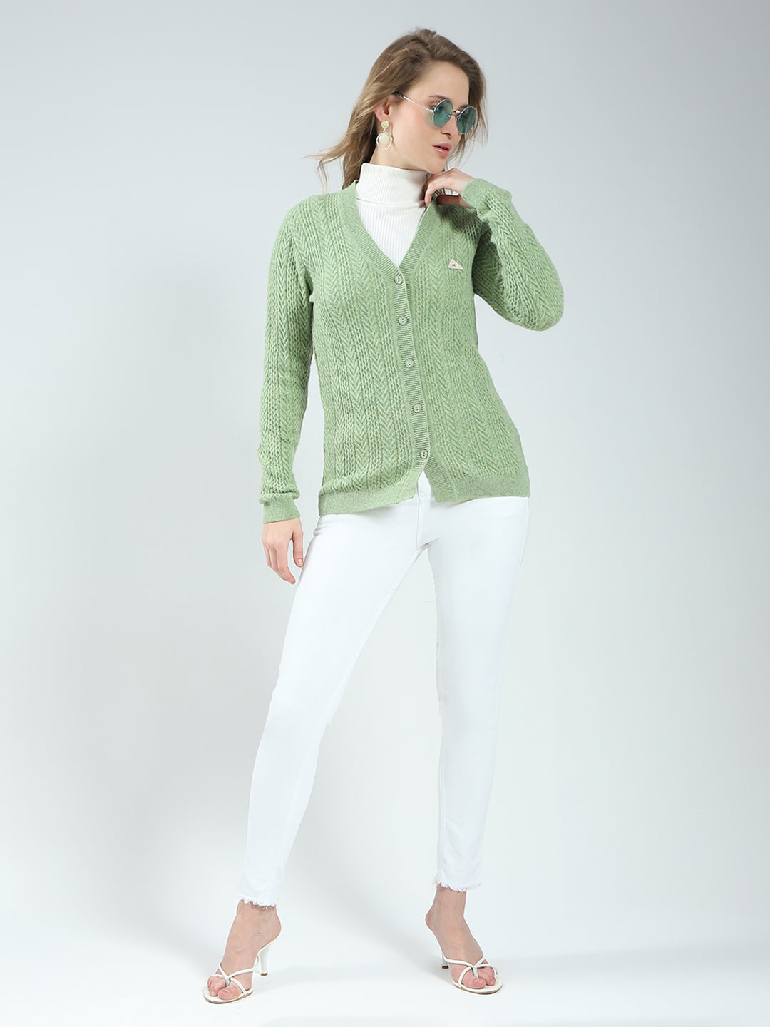 Women Green Self Design V Neck Full Sleeve Cardigan
