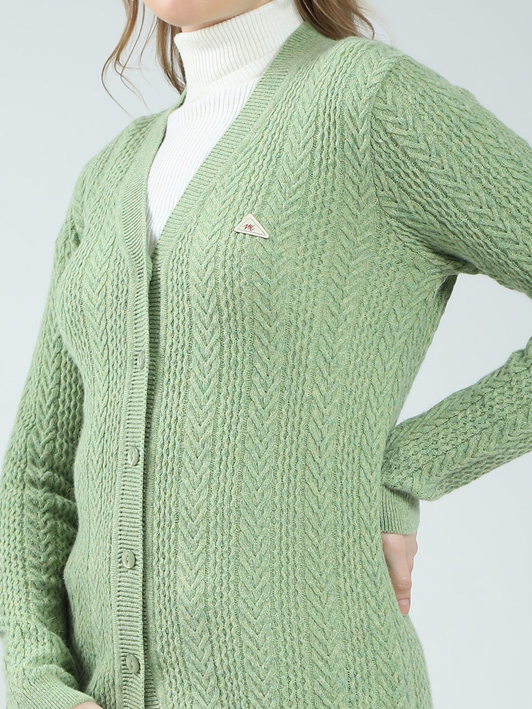 Women Green Self Design V Neck Full Sleeve Cardigan