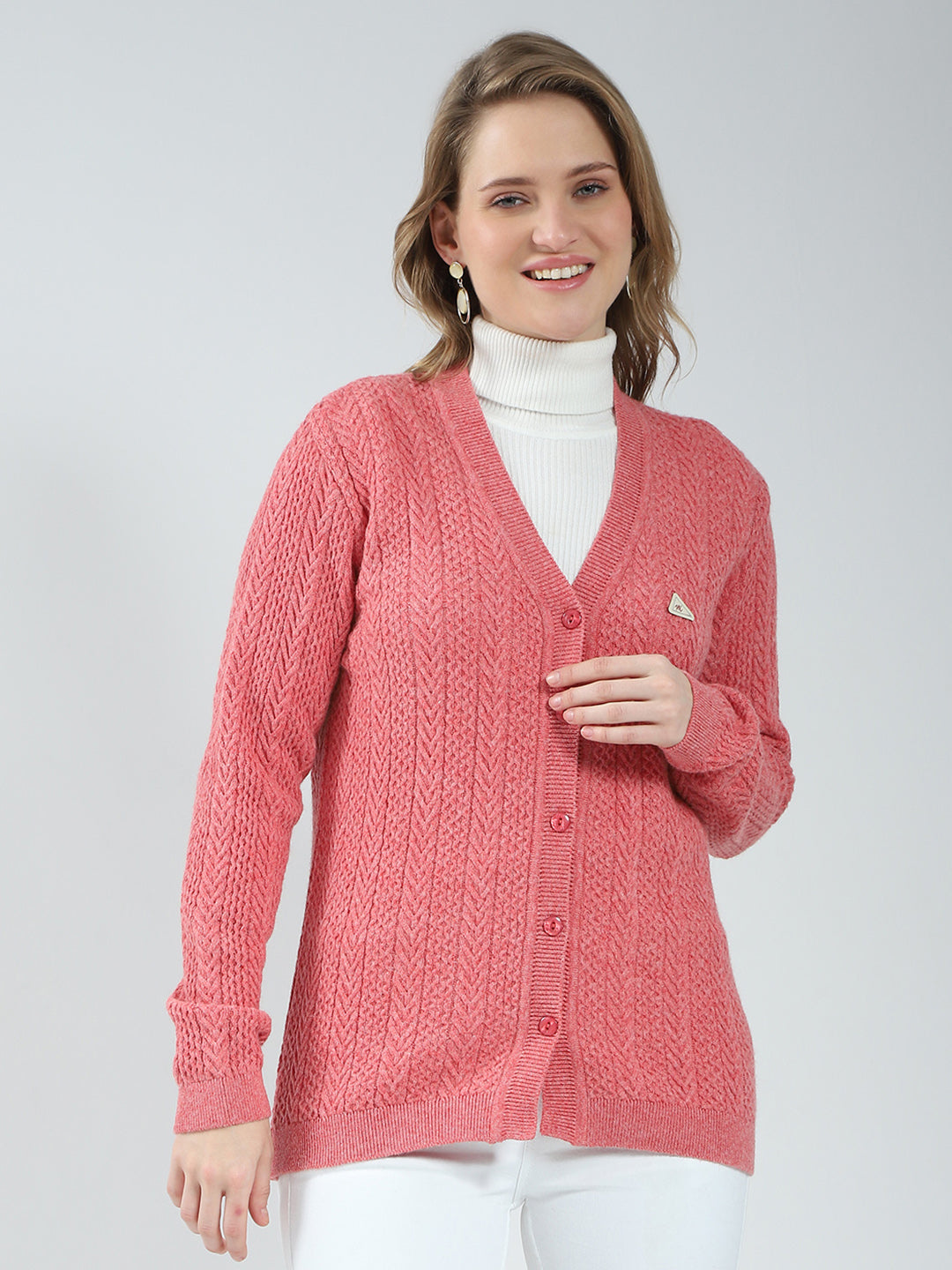 Women Pink Self Design V Neck Full Sleeve Cardigan