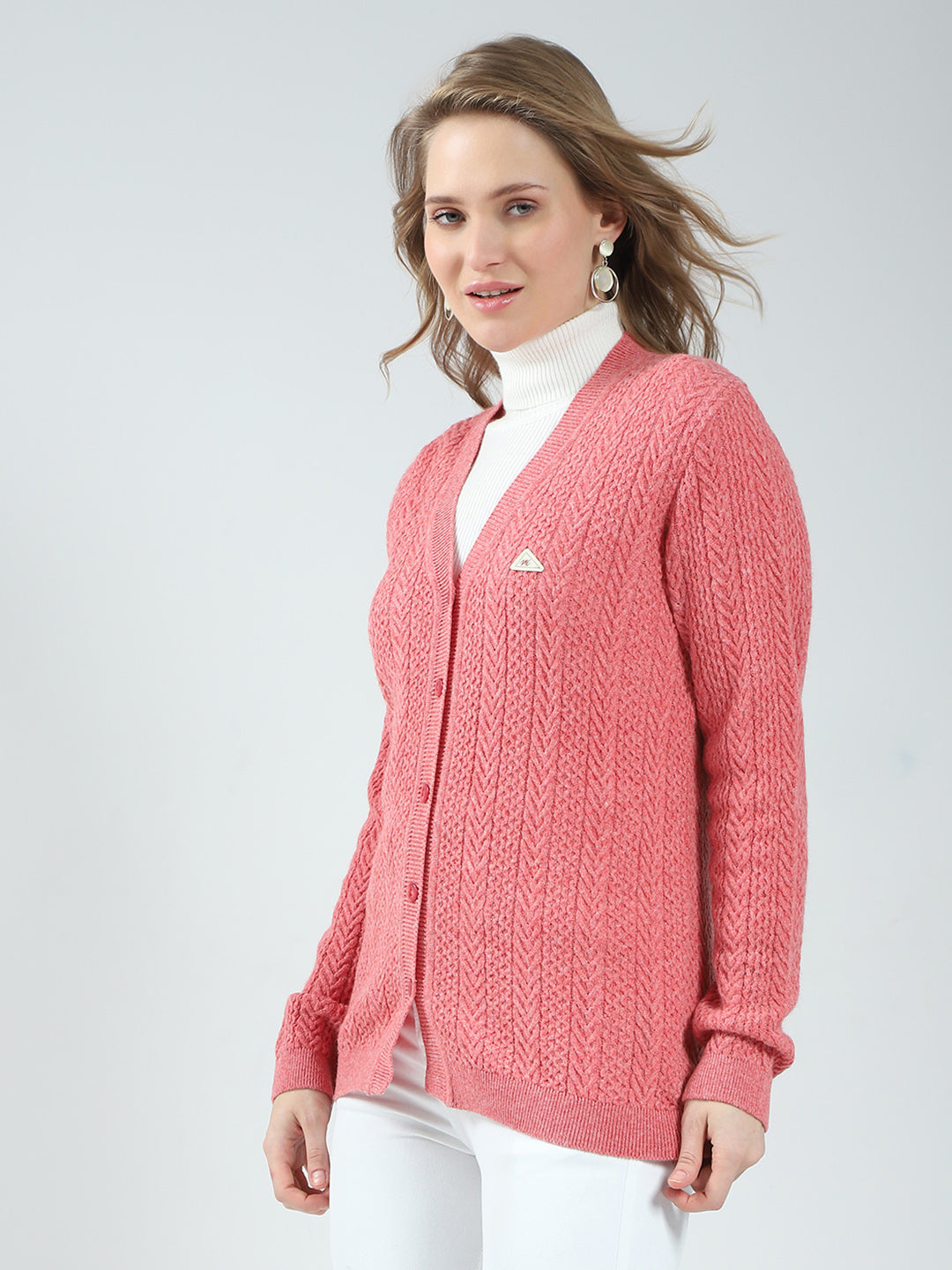Women Pink Self Design V Neck Full Sleeve Cardigan