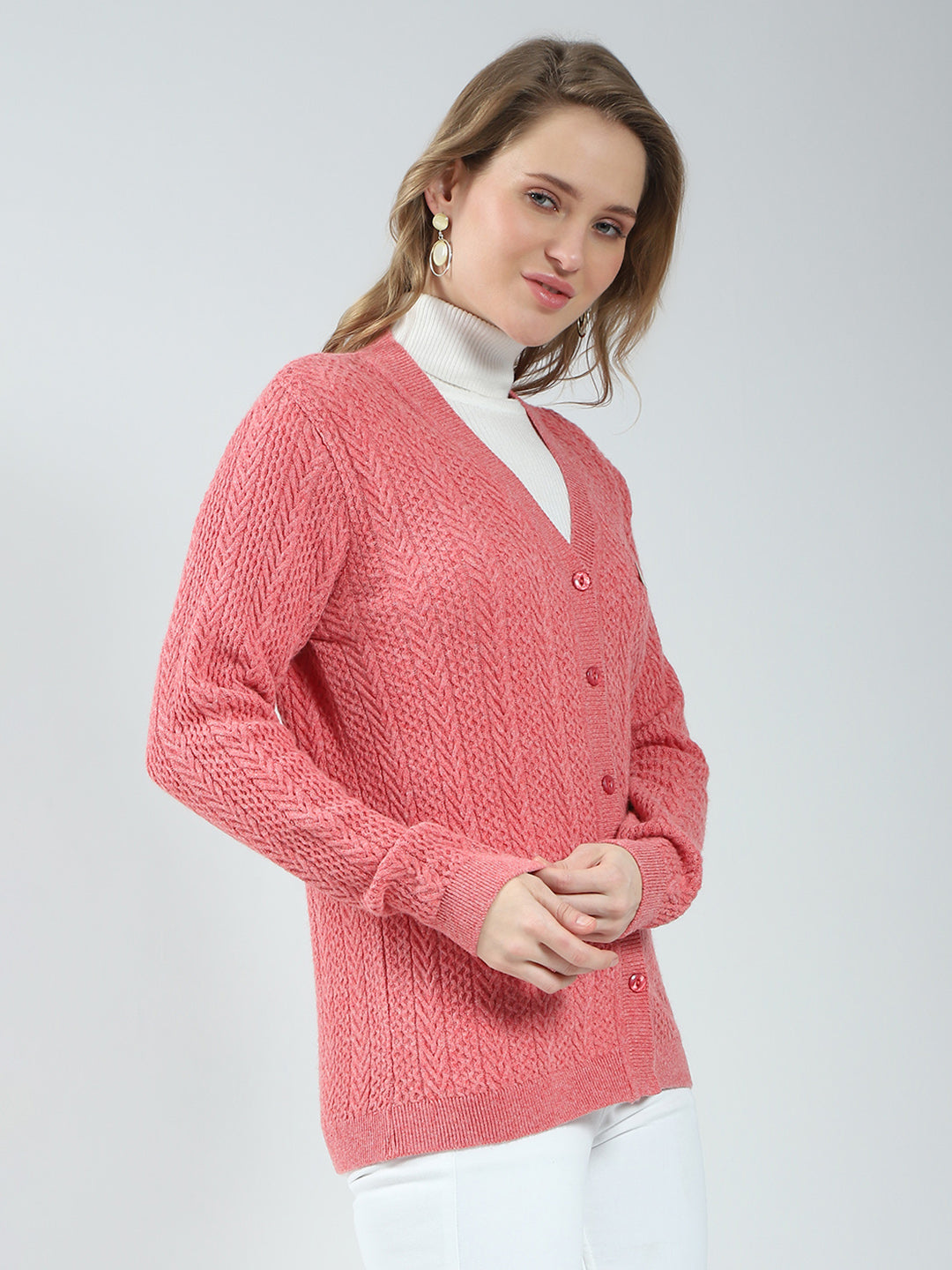 Women Pink Self Design V Neck Full Sleeve Cardigan