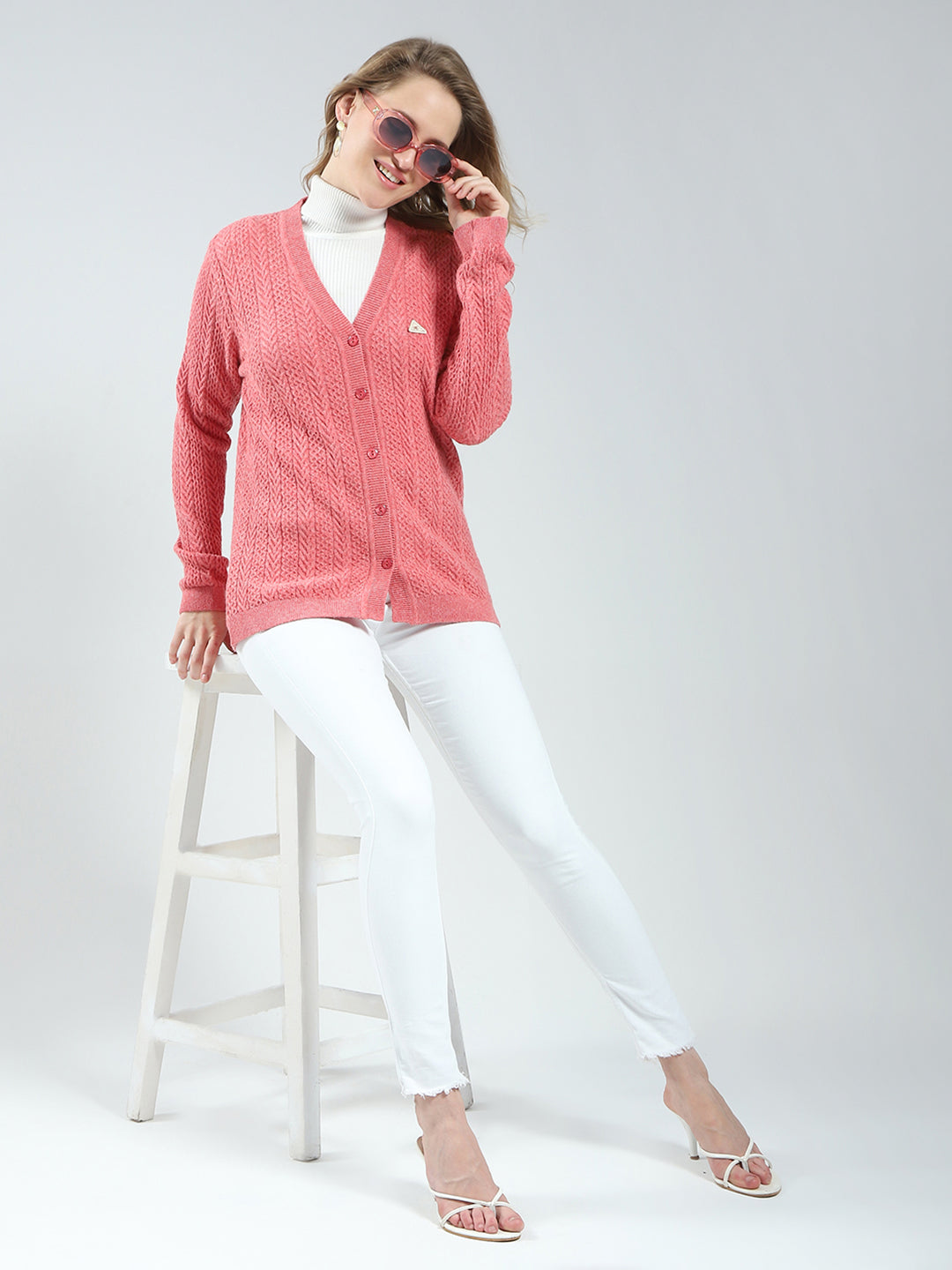 Women Pink Self Design V Neck Full Sleeve Cardigan