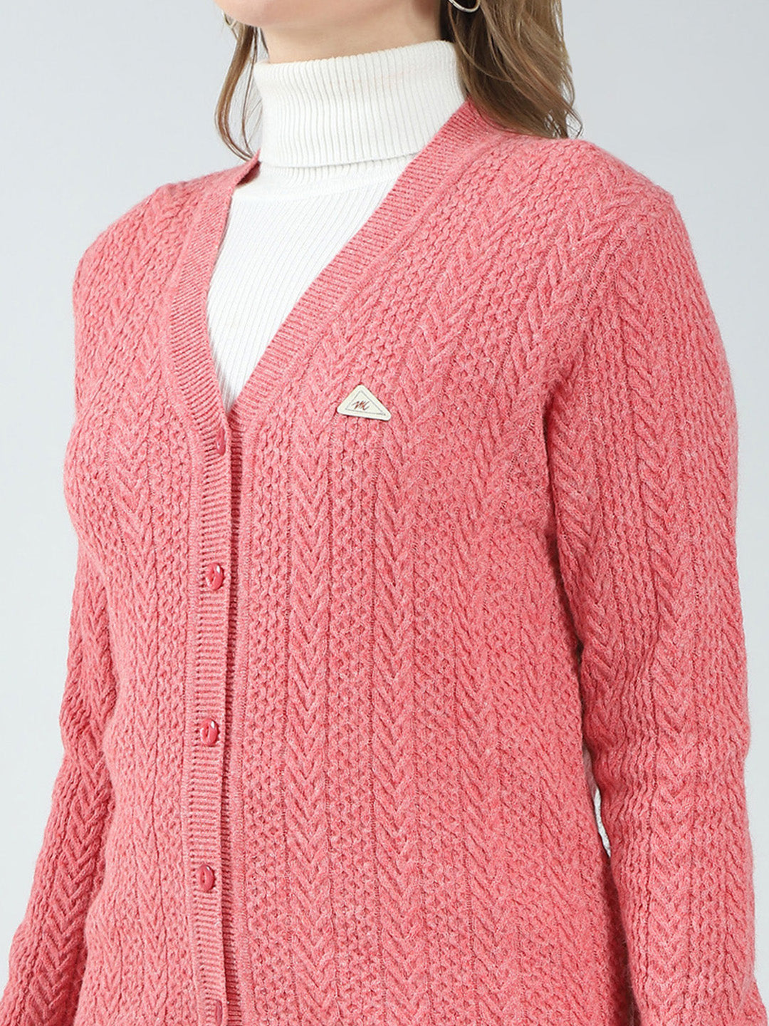 Women Pink Self Design V Neck Full Sleeve Cardigan