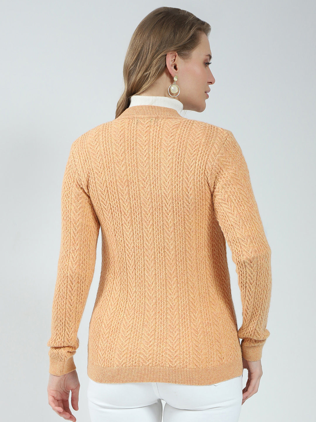 Women Orange Self Design V Neck Full Sleeve Cardigan