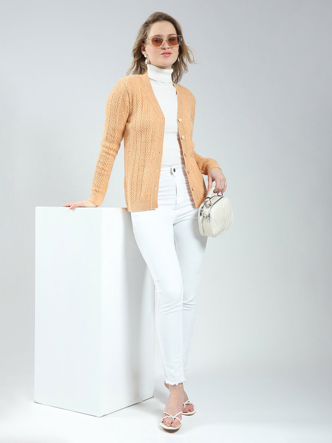 Women Orange Self Design V Neck Full Sleeve Cardigan