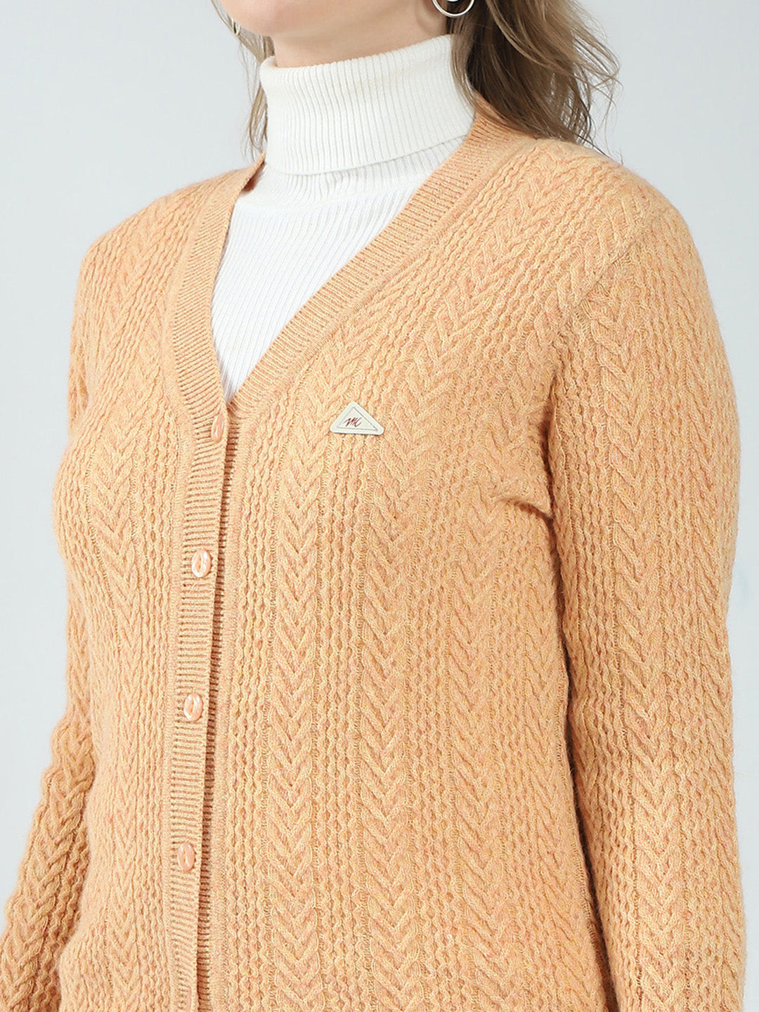 Women Orange Self Design V Neck Full Sleeve Cardigan