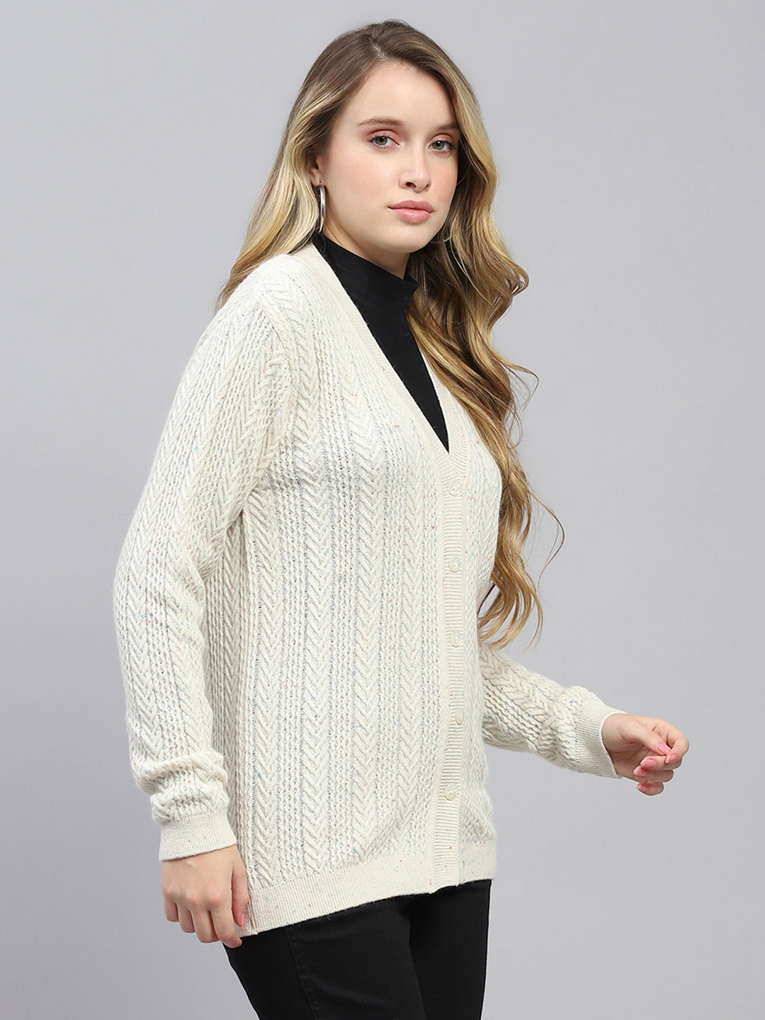 Women Off White Self Design V Neck Full Sleeve Cardigan