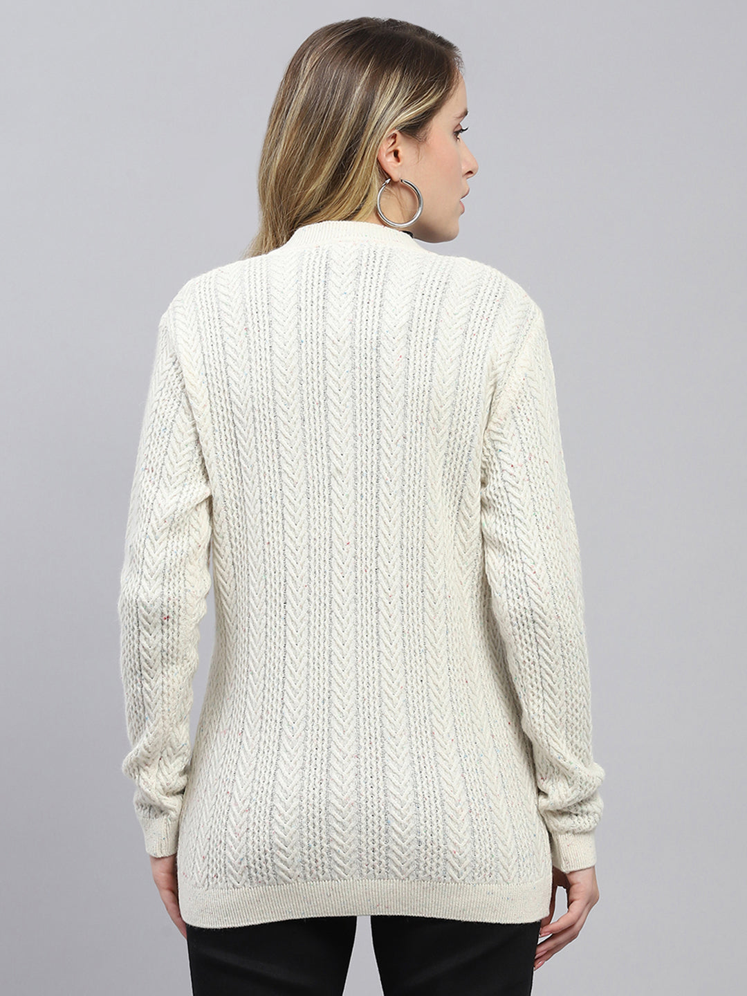 Women Off White Self Design V Neck Full Sleeve Cardigan