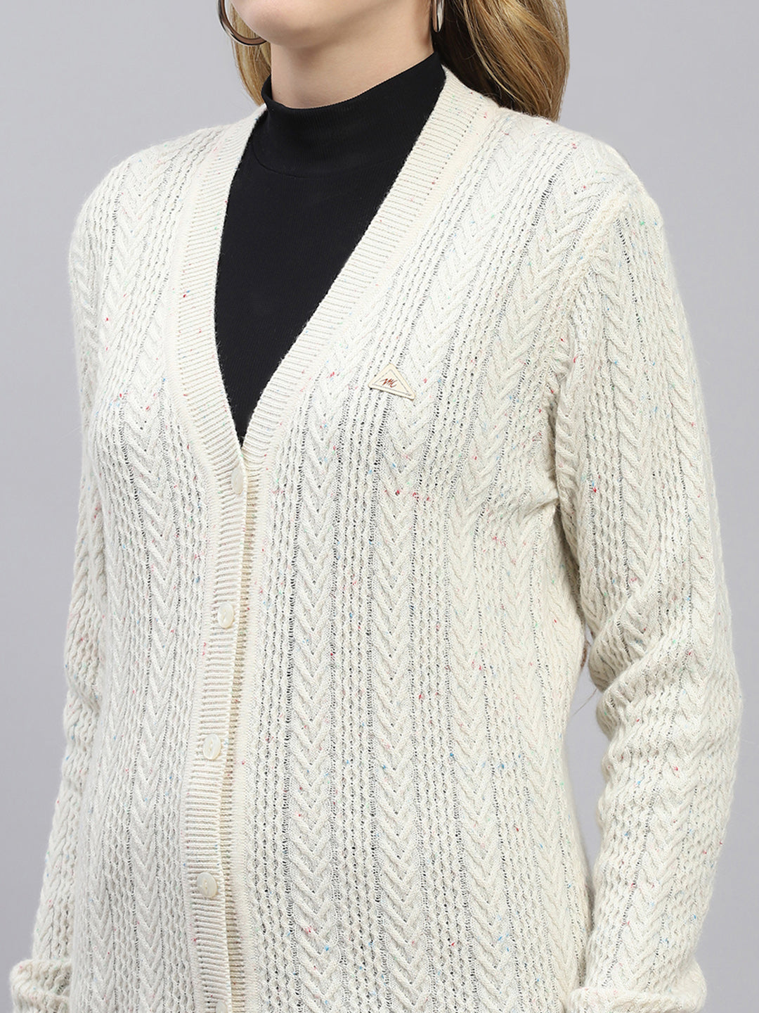 Women Off White Self Design V Neck Full Sleeve Cardigan