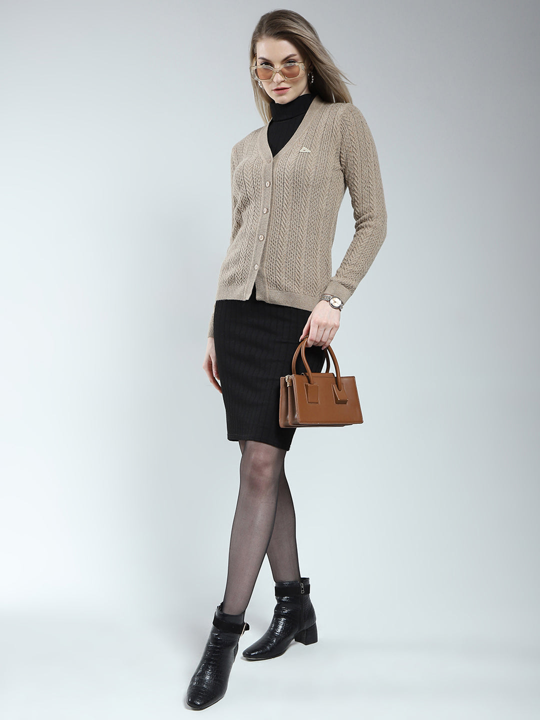 Women Brown Self Design V Neck Full Sleeve Cardigan