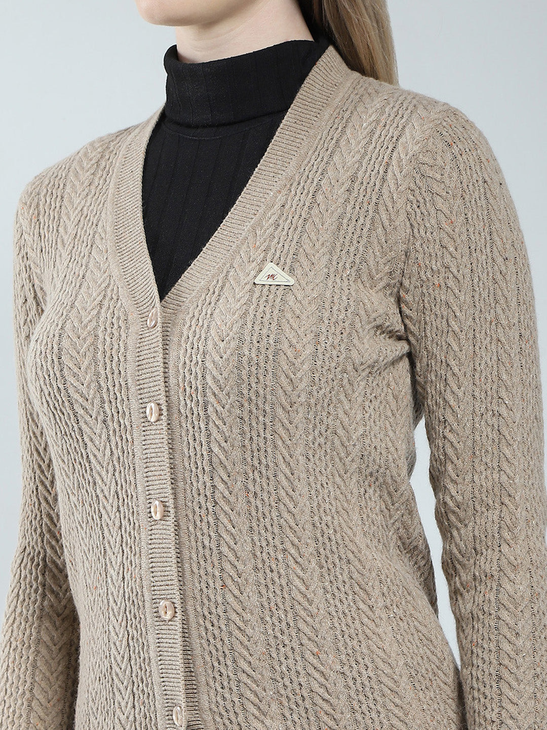 Women Brown Self Design V Neck Full Sleeve Cardigan
