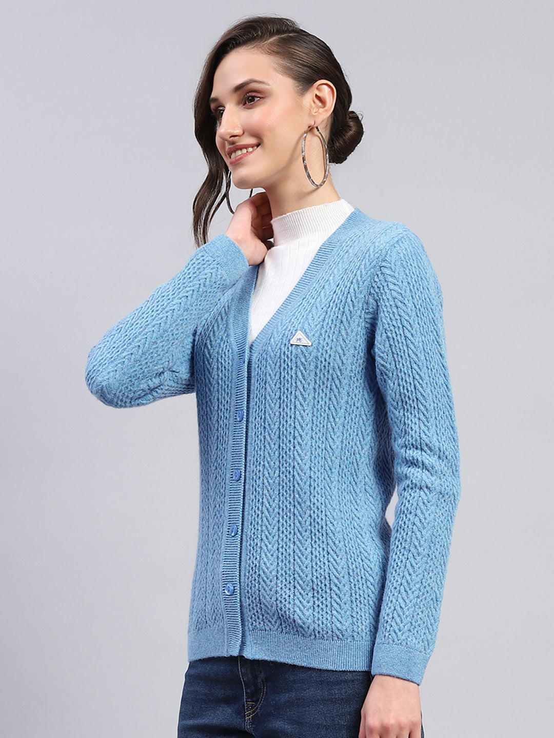 Women Blue Self Design V Neck Full Sleeve Cardigan