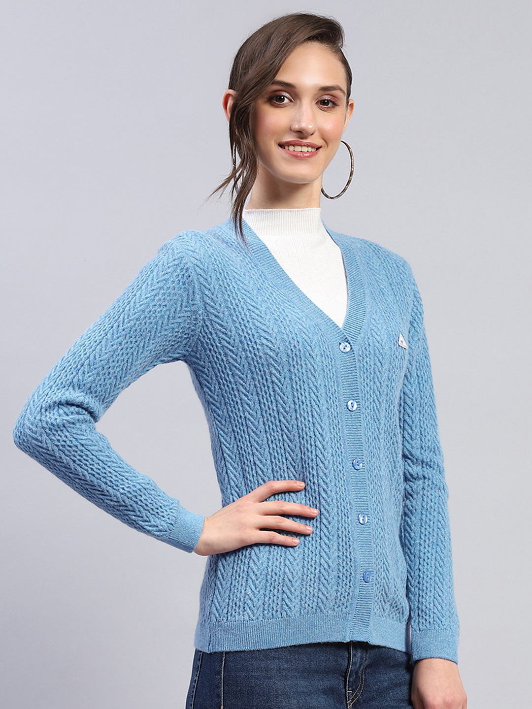Women Blue Self Design V Neck Full Sleeve Cardigan