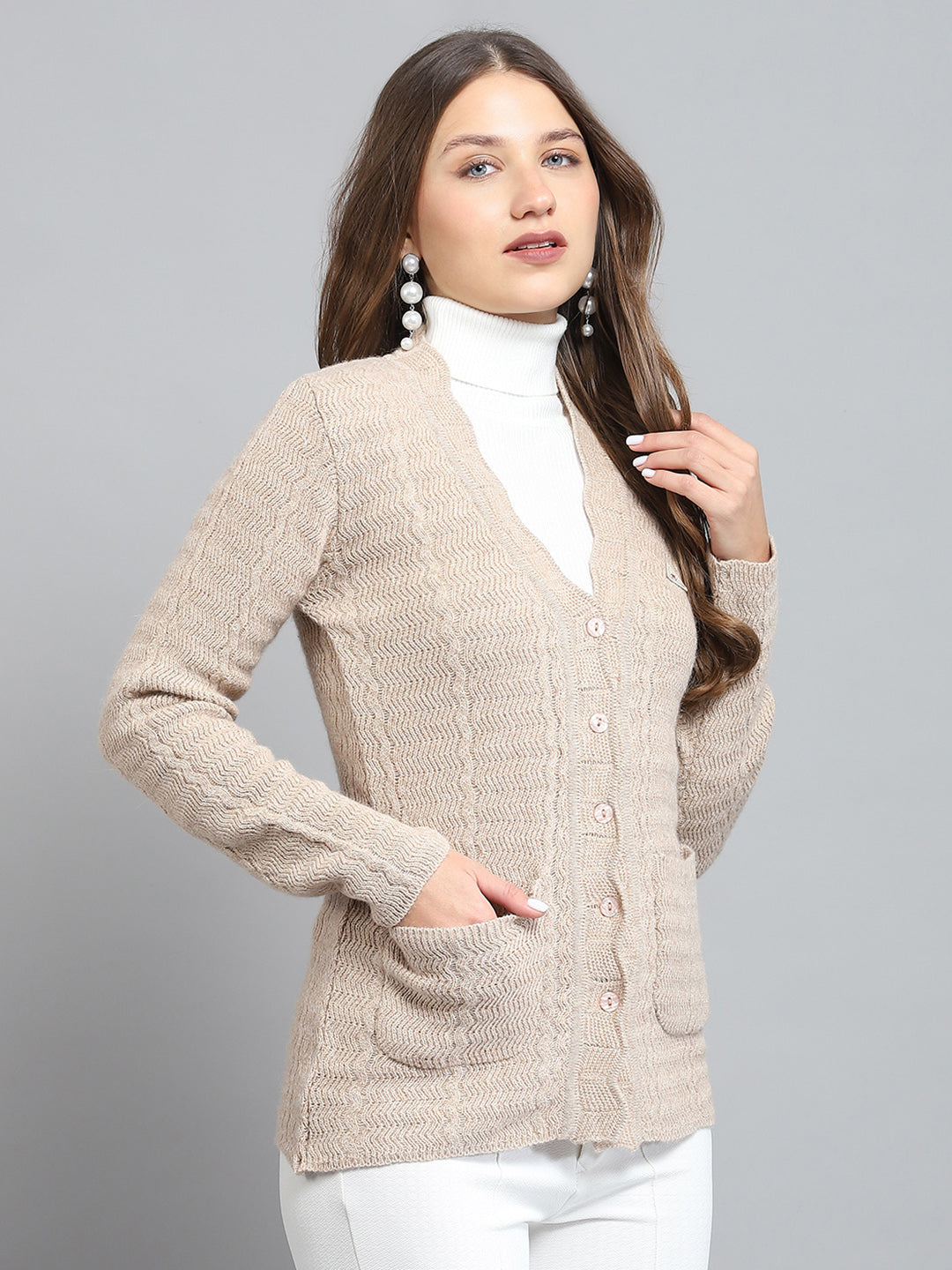 Women Beige Self Design V Neck Full Sleeve Cardigan