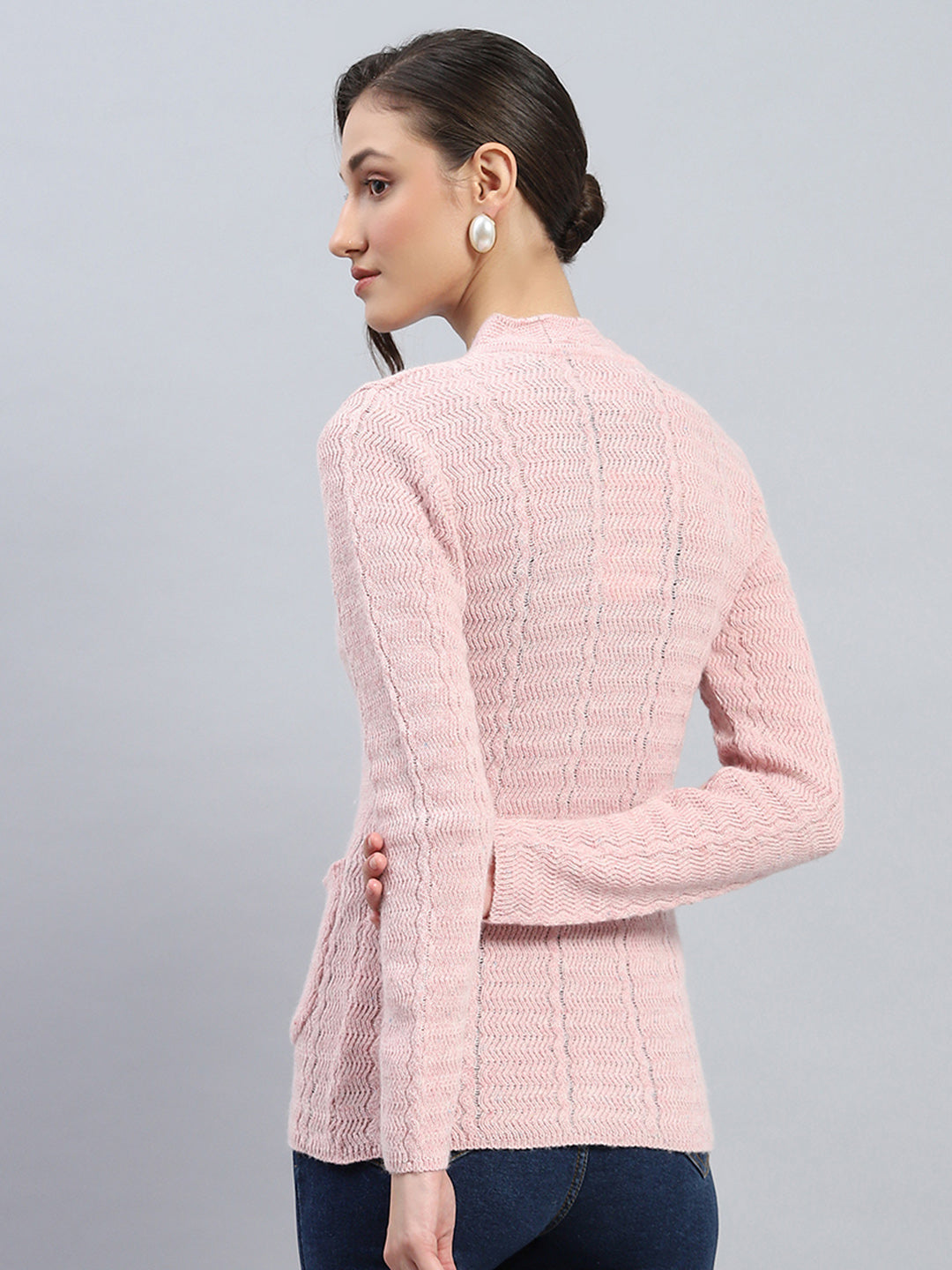 Women Pink Self Design V Neck Full Sleeve Cardigan