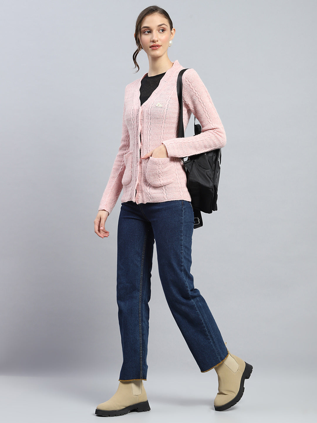 Women Pink Self Design V Neck Full Sleeve Cardigan