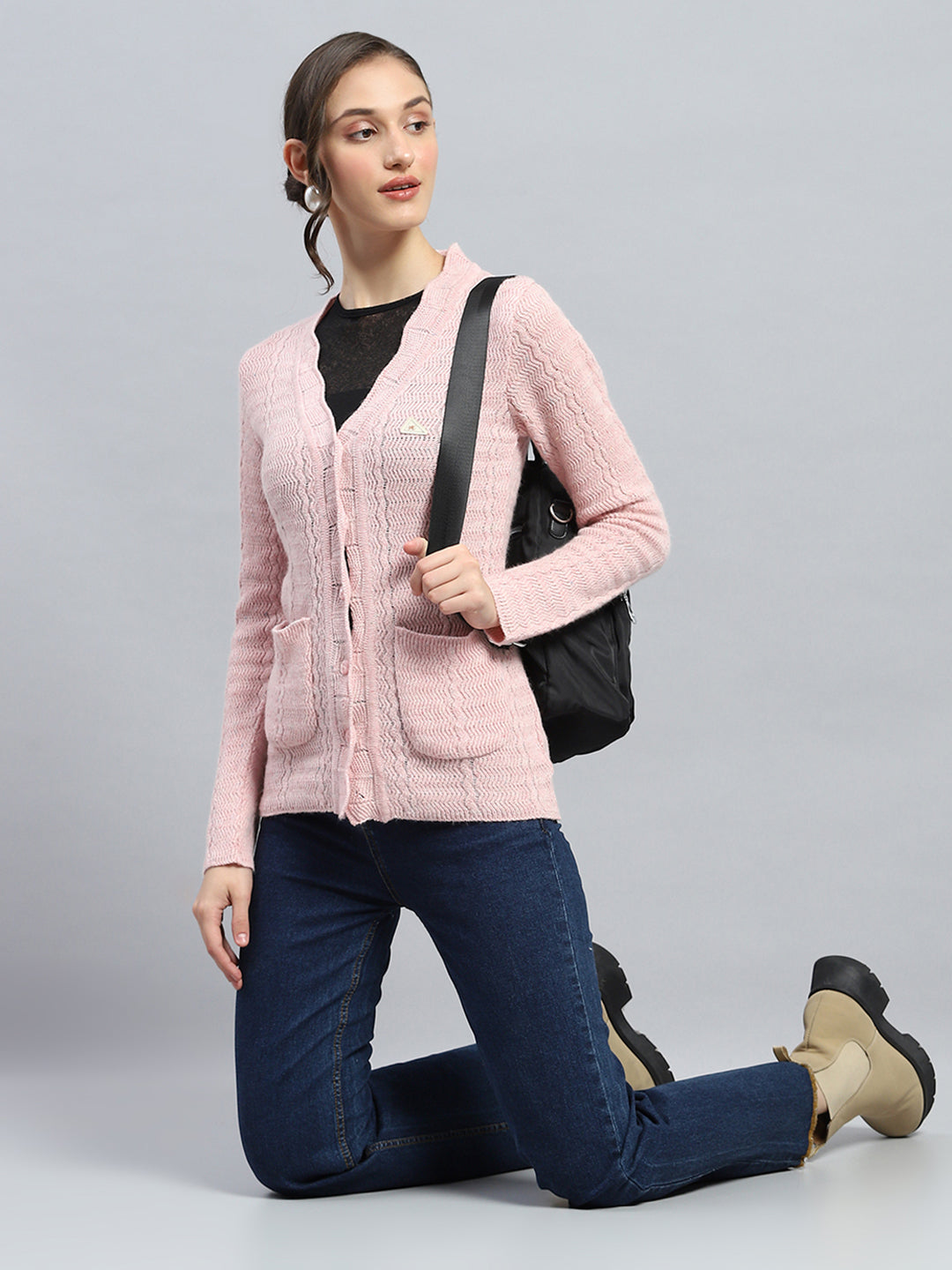 Women Pink Self Design V Neck Full Sleeve Cardigan