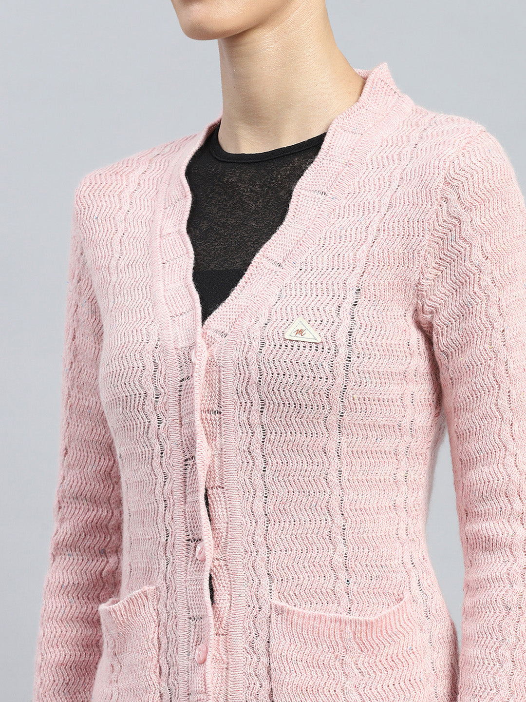 Women Pink Self Design V Neck Full Sleeve Cardigan