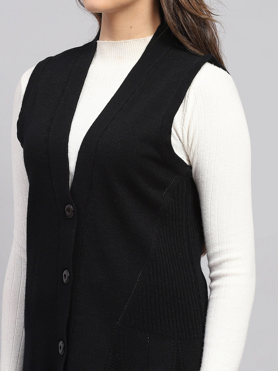 Women Black Self Design V Neck Sleeveless Cardigan