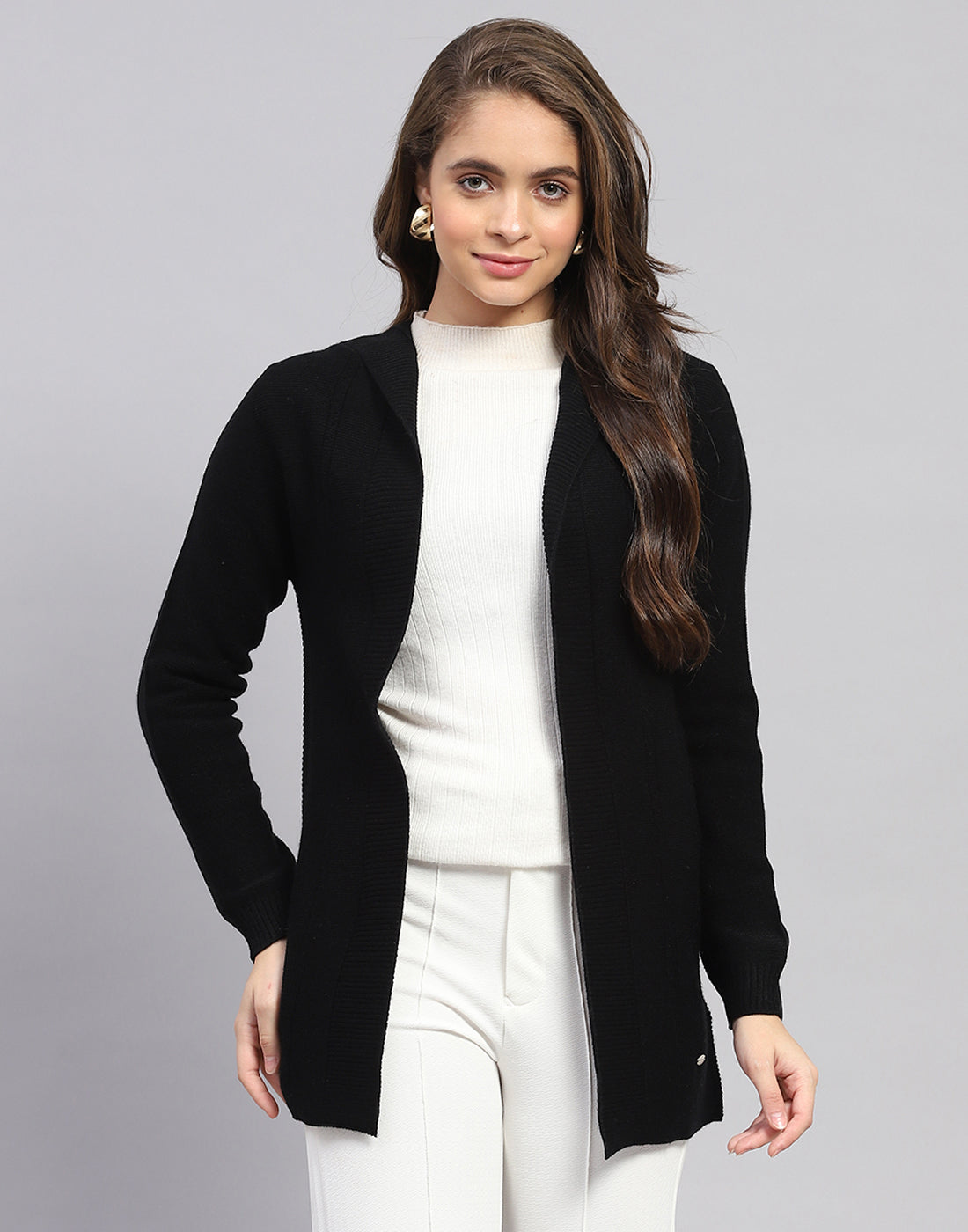 Women Black Self Design Front Open Full Sleeve Cardigan