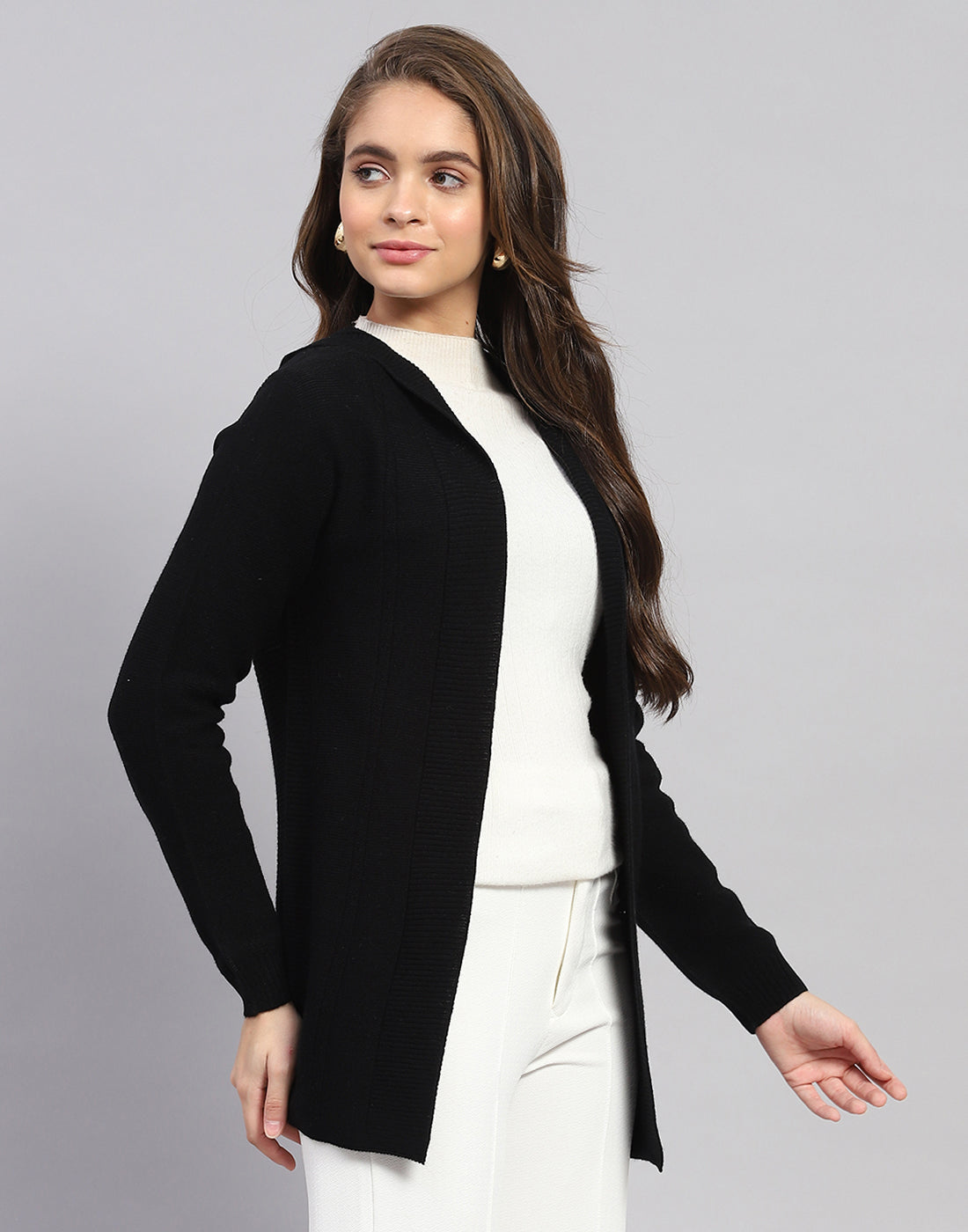 Women Black Self Design Front Open Full Sleeve Cardigan