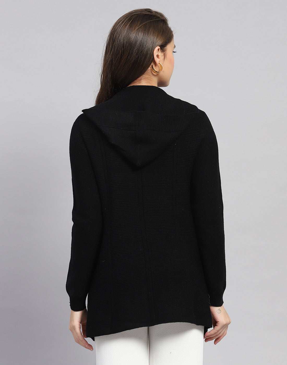 Women Black Self Design Front Open Full Sleeve Cardigan