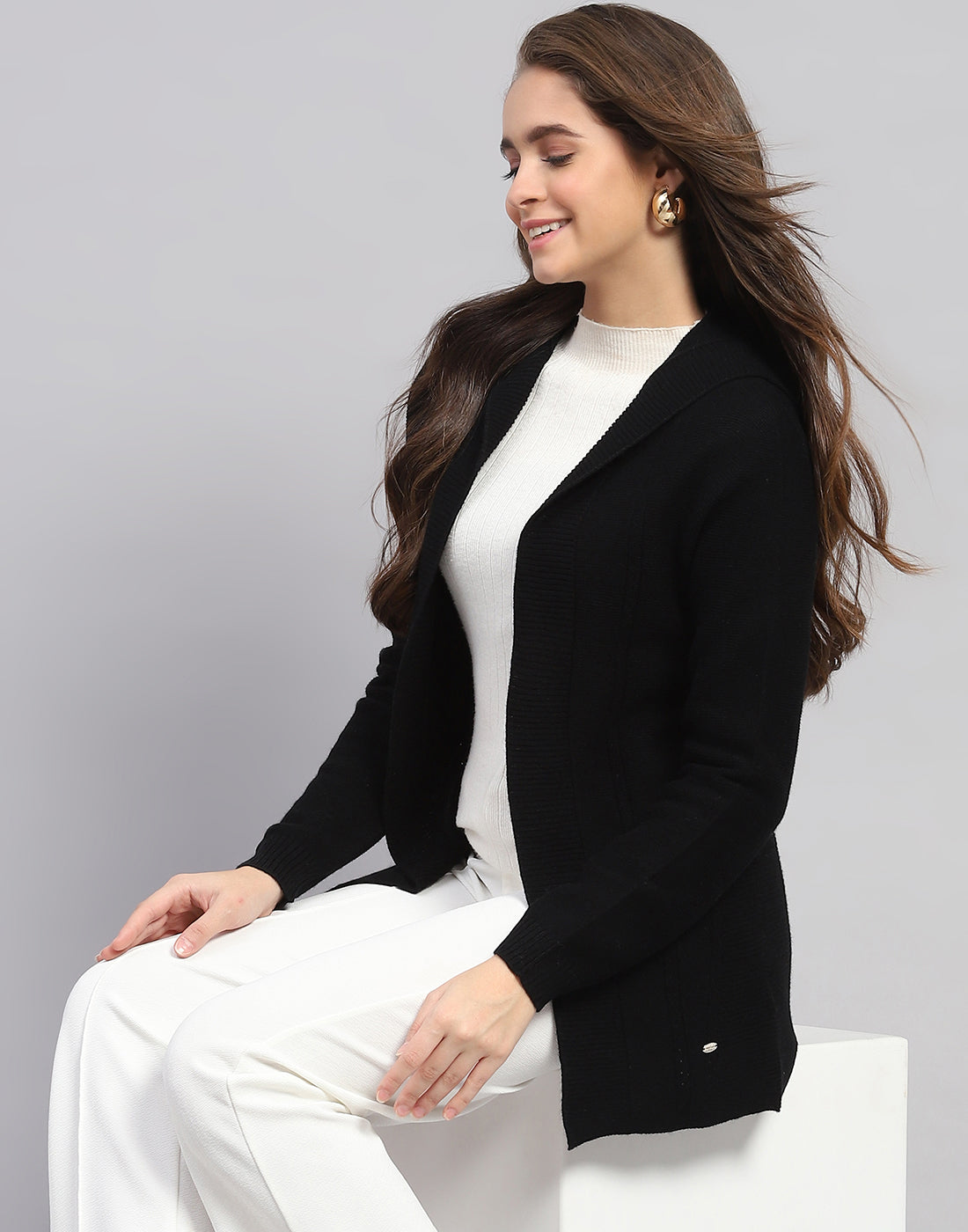 Women Black Self Design Front Open Full Sleeve Cardigan